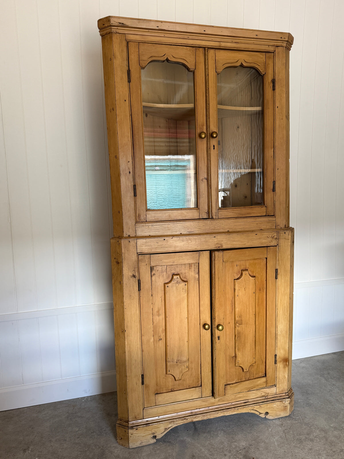 Antique English Glazed Pine Corner Cupboard