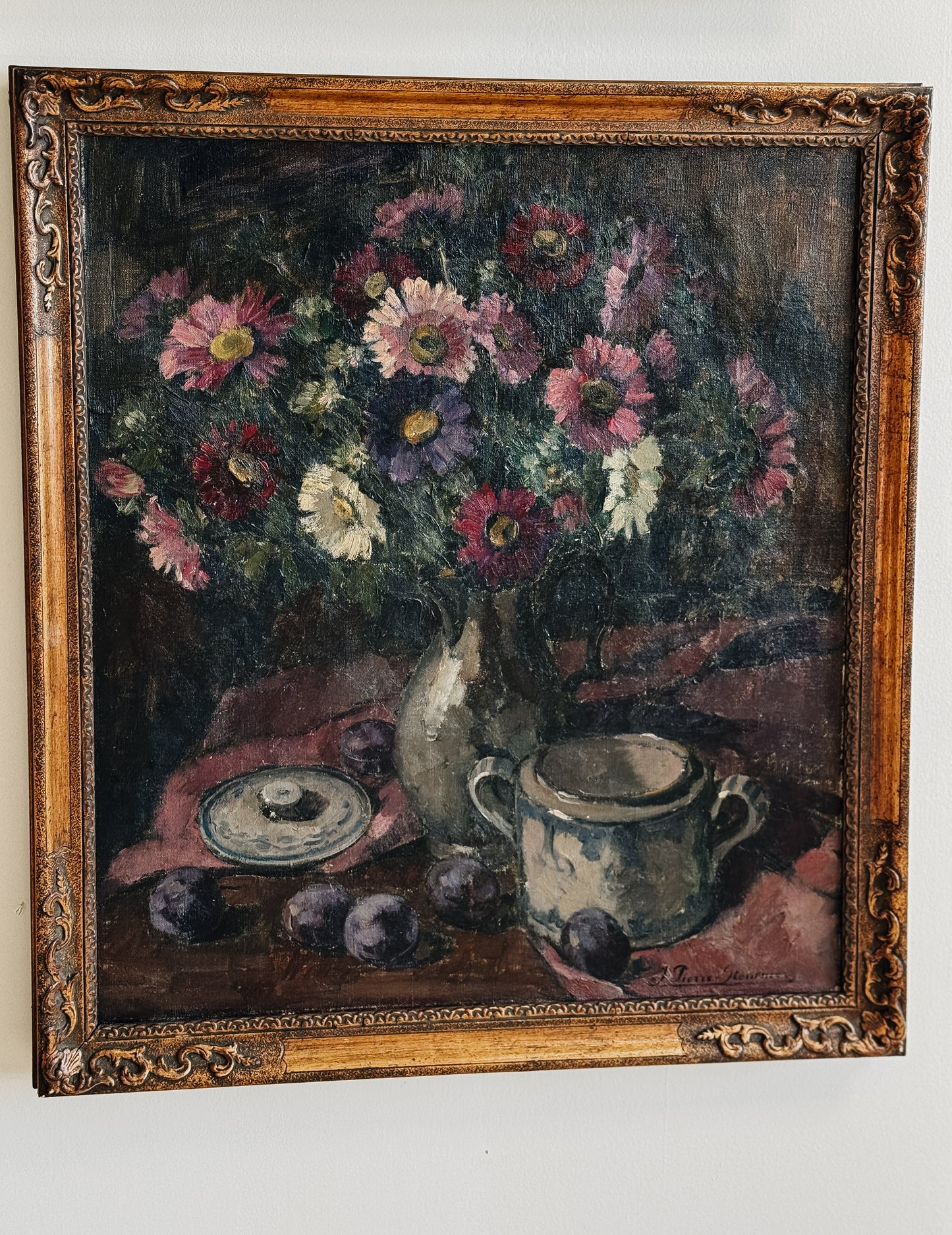 1920 Belgian Still Life Oil on Canvas Painting, Dark Florals