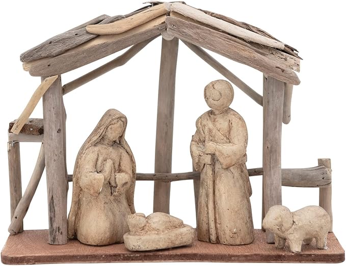 Handmade Driftwood and Paper Mache Nativity with Wood Base