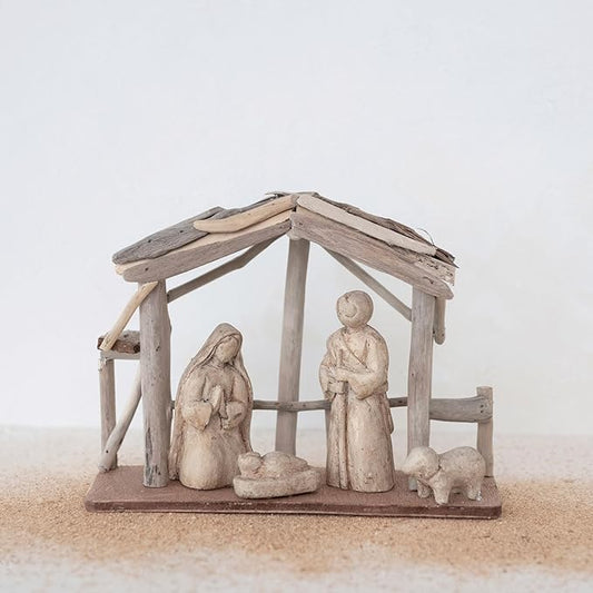 Handmade Driftwood and Paper Mache Nativity with Wood Base