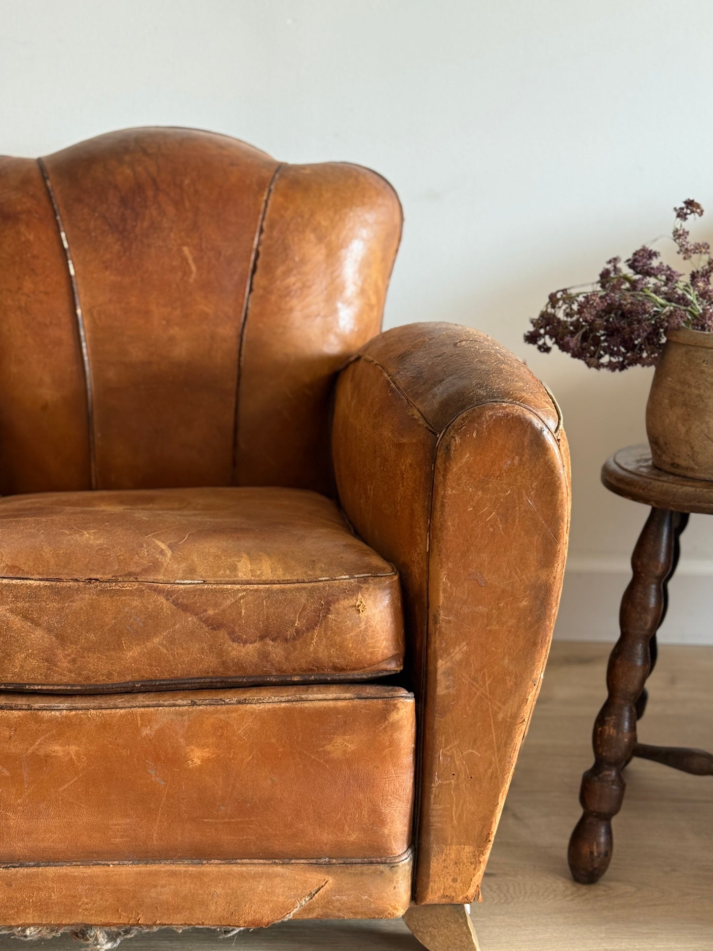 Pair of Antique French Leather Moustache Chairs (c.1920's)