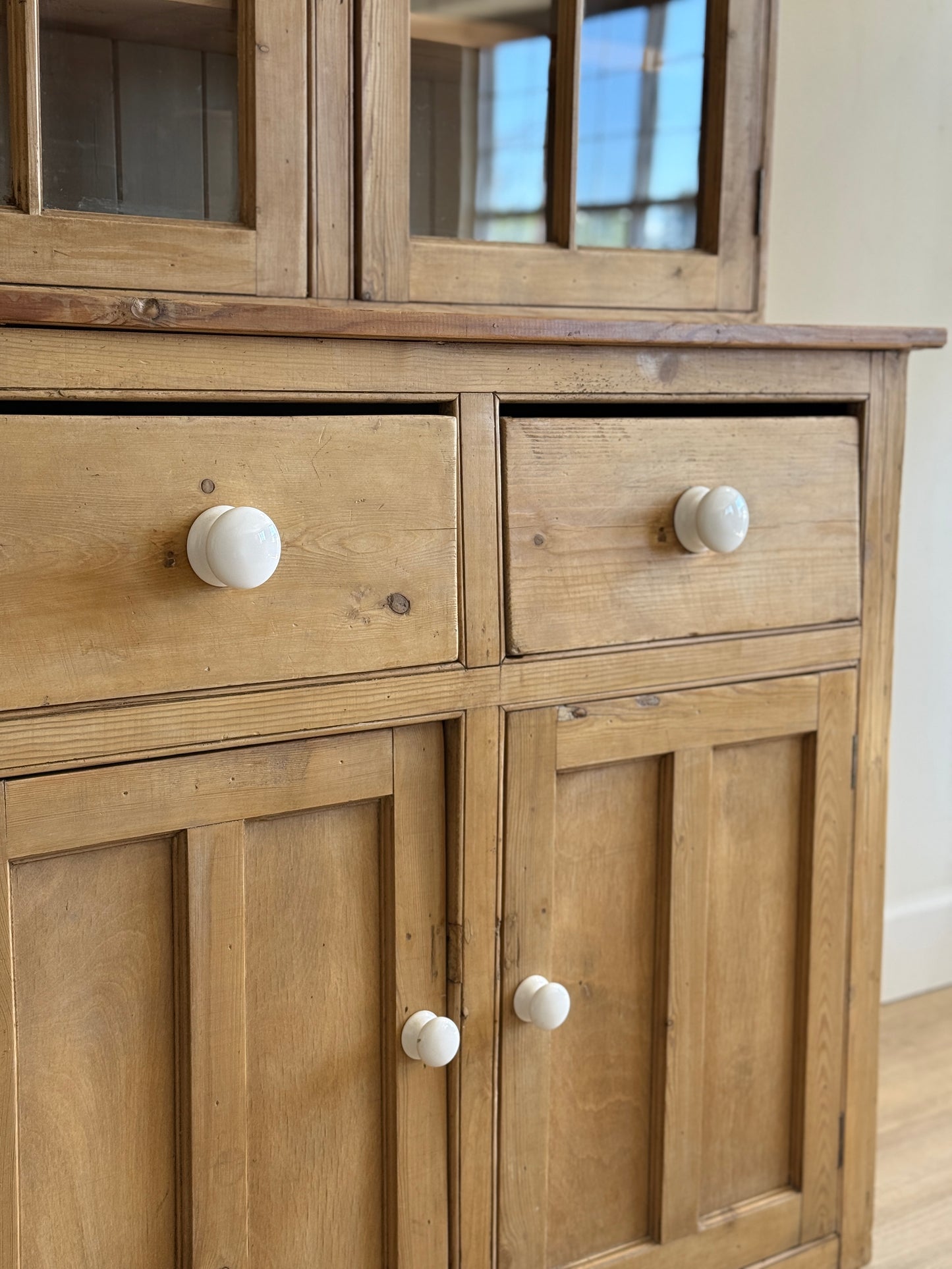 Antique English Glass Pine Hutch