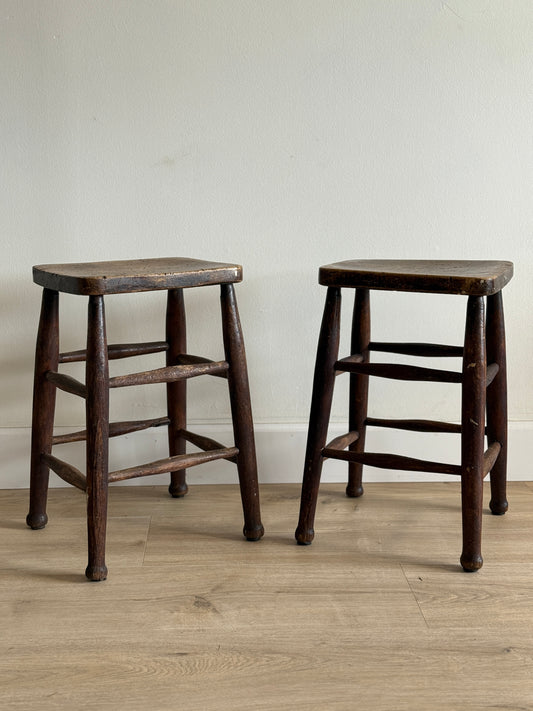 Set of Two Antique English Oak Stools (late 1800s)