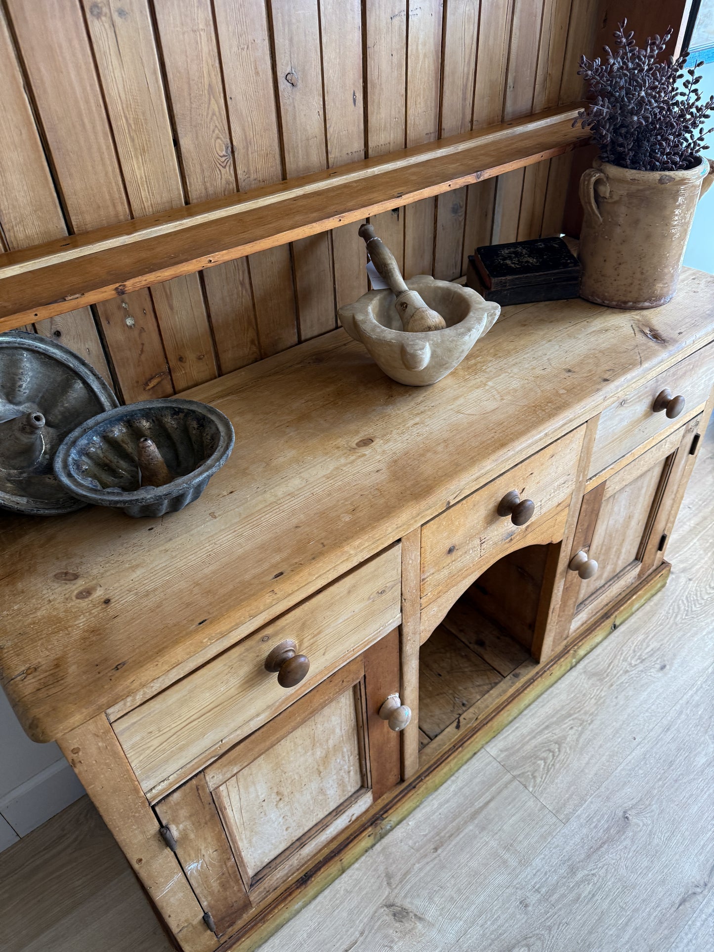 Antique English Pine Stepback Hutch with Kennel