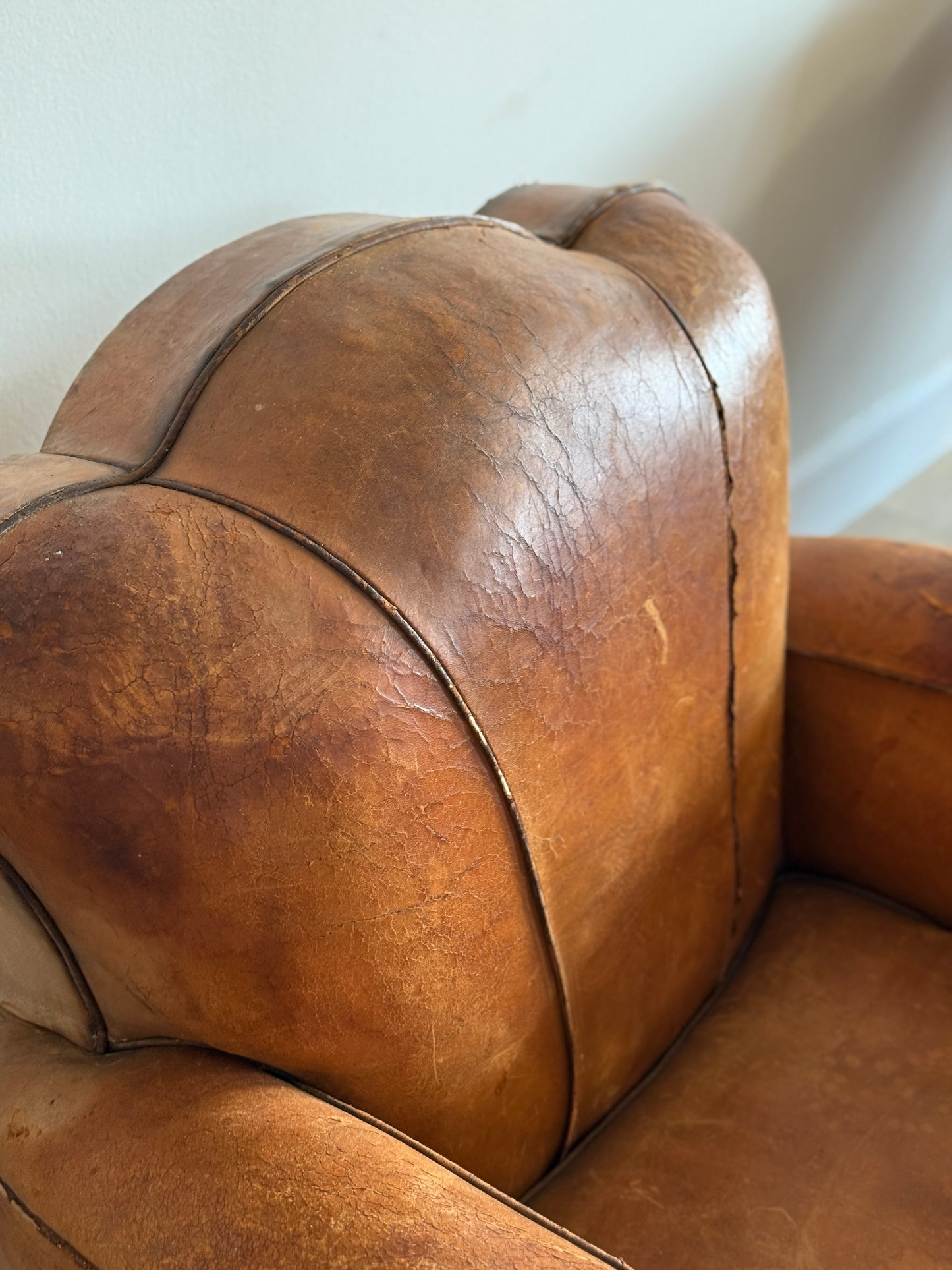 Pair of Antique French Leather Moustache Chairs (c.1920's)
