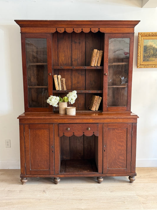 Antique English Dark Oak Scalloped Hutch