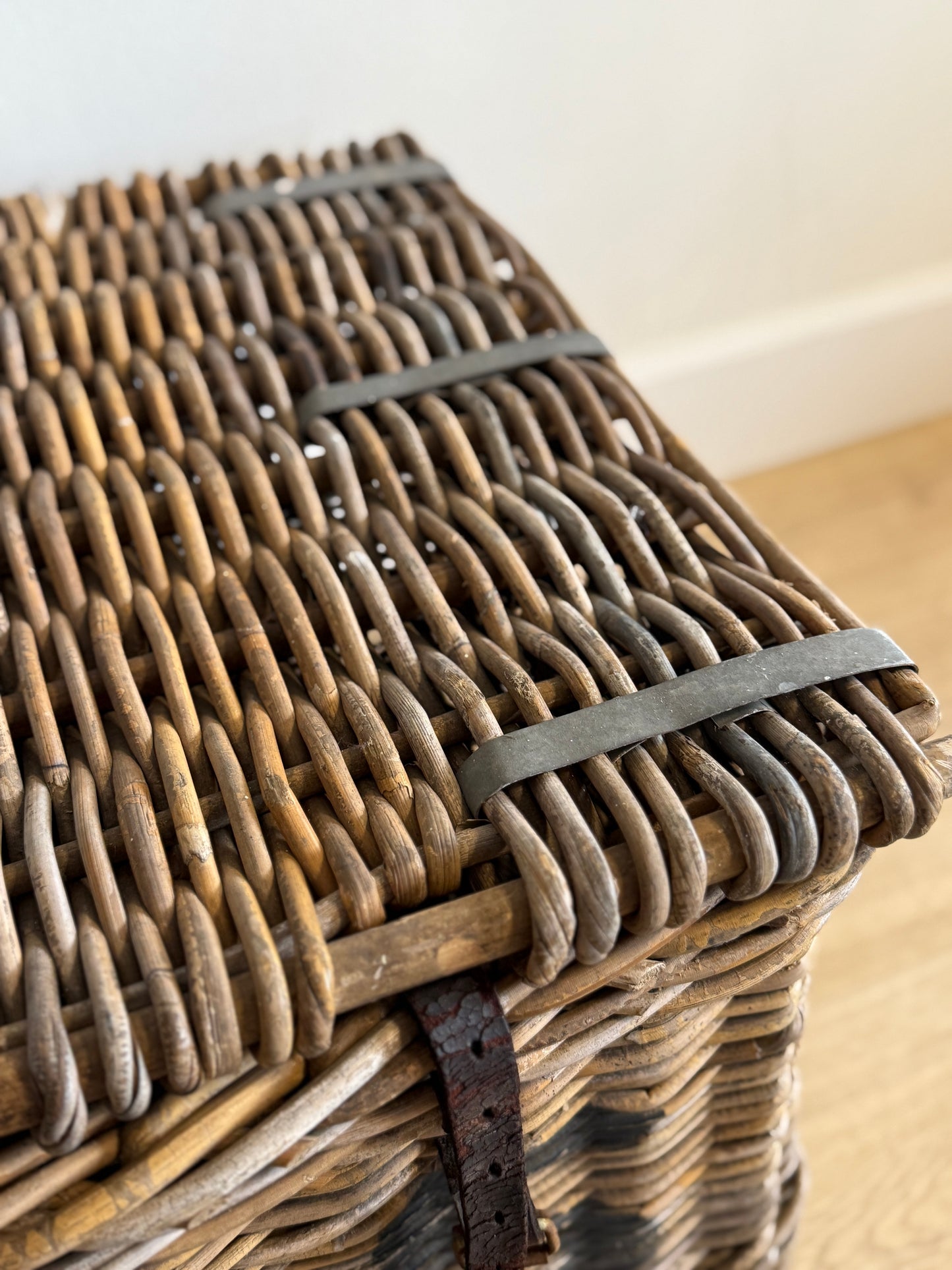 Antique English Wicker Trunk with iron Hardware