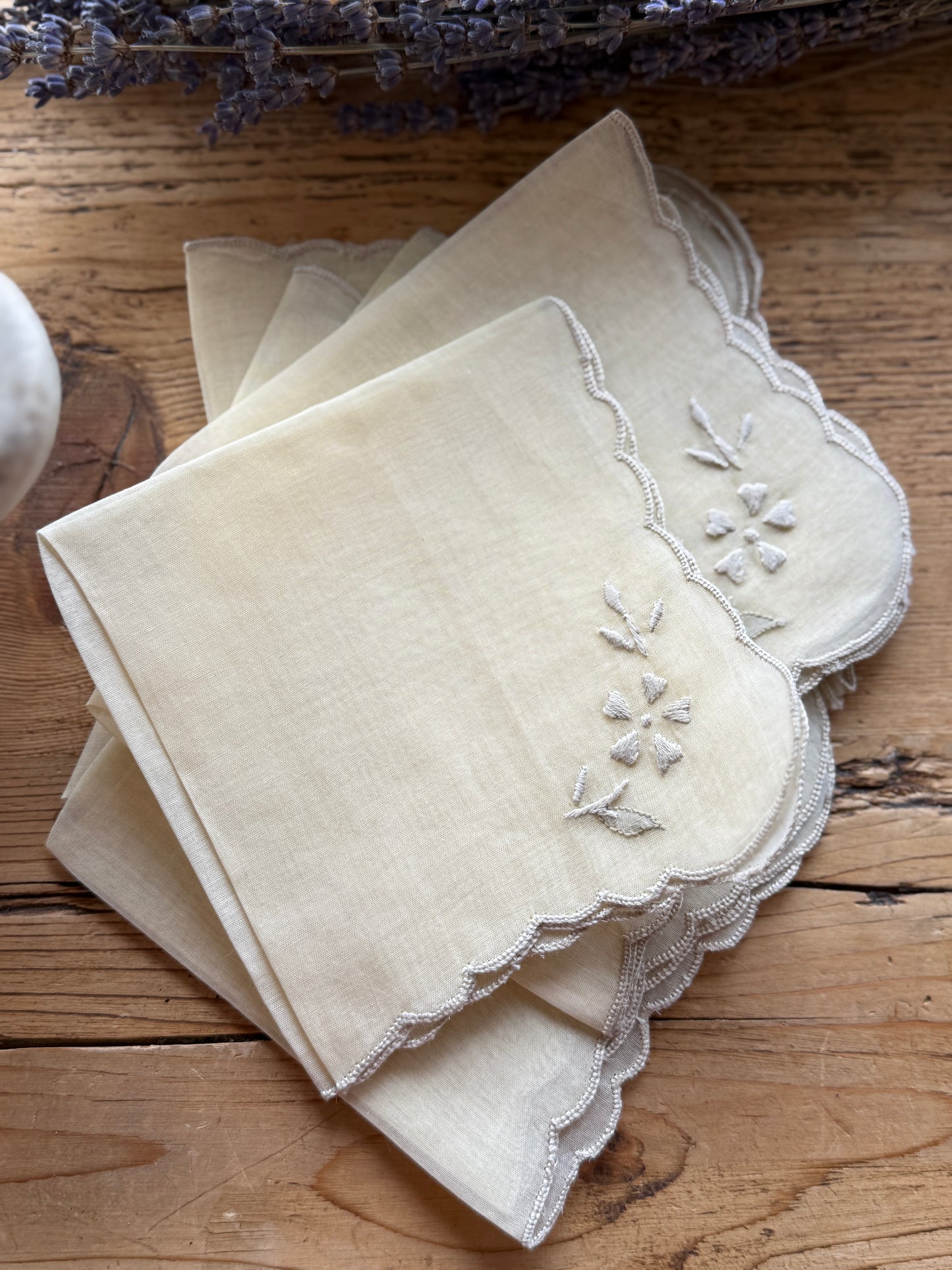 Set of Six Antique Hand Embroidered Irish napkins