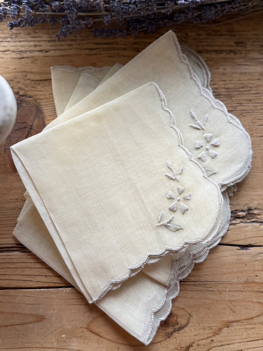 Set of Six Antique Hand Embroidered Irish napkins