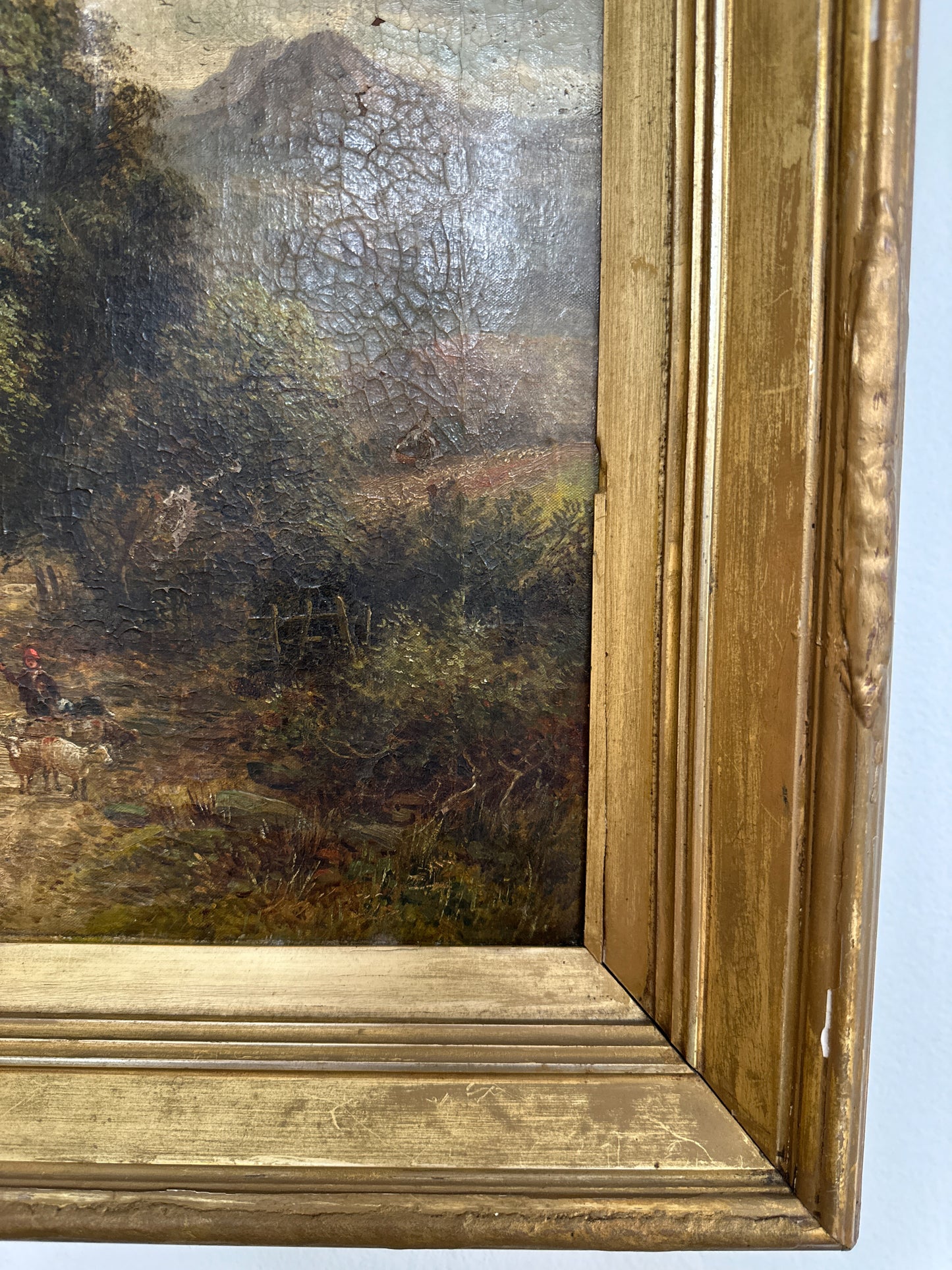 Original Antique English Oil Painting, W. ELLIS Sheep on Country Road