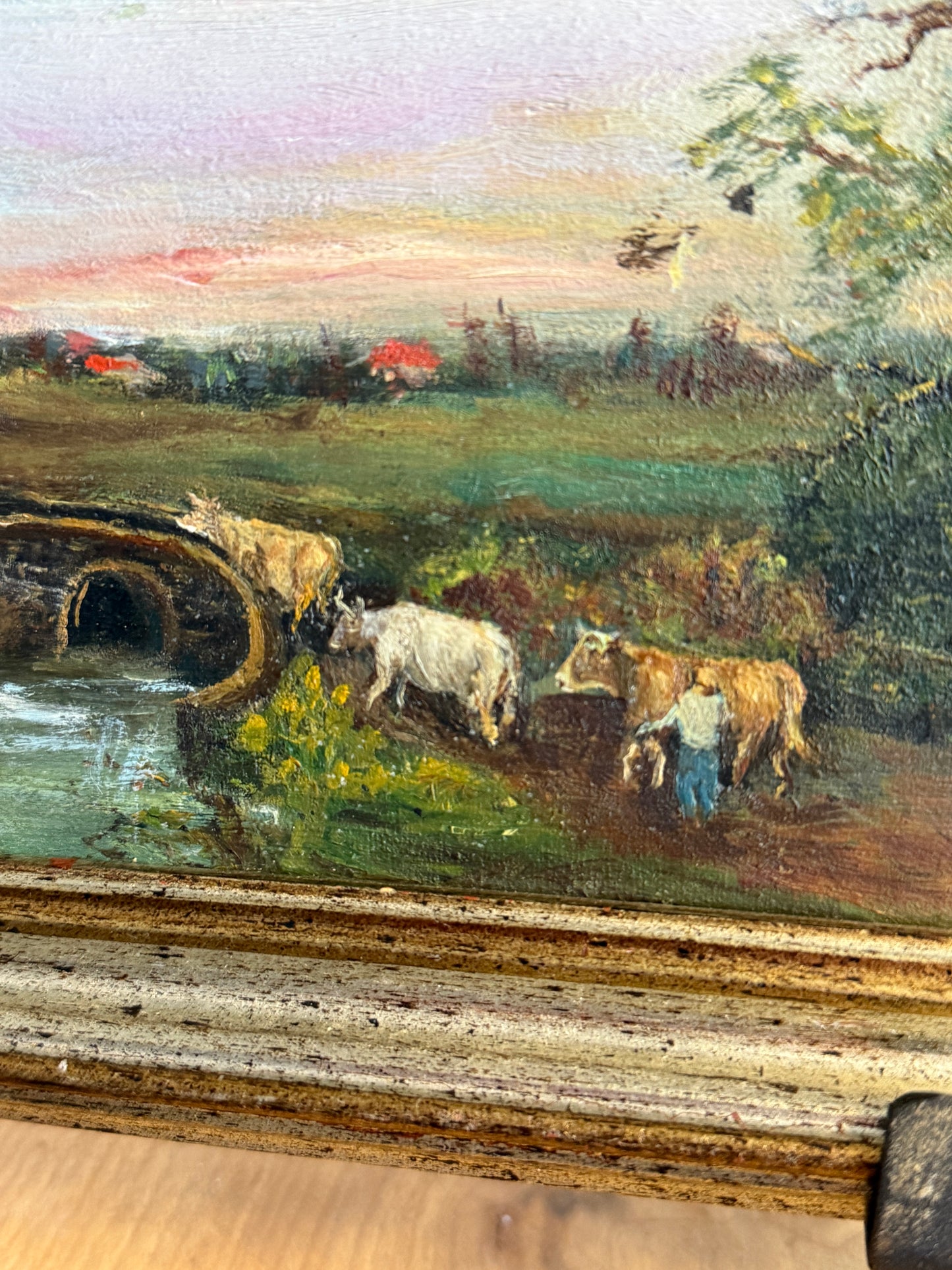 Original Antique Oil Painting, Country Cow Landscape