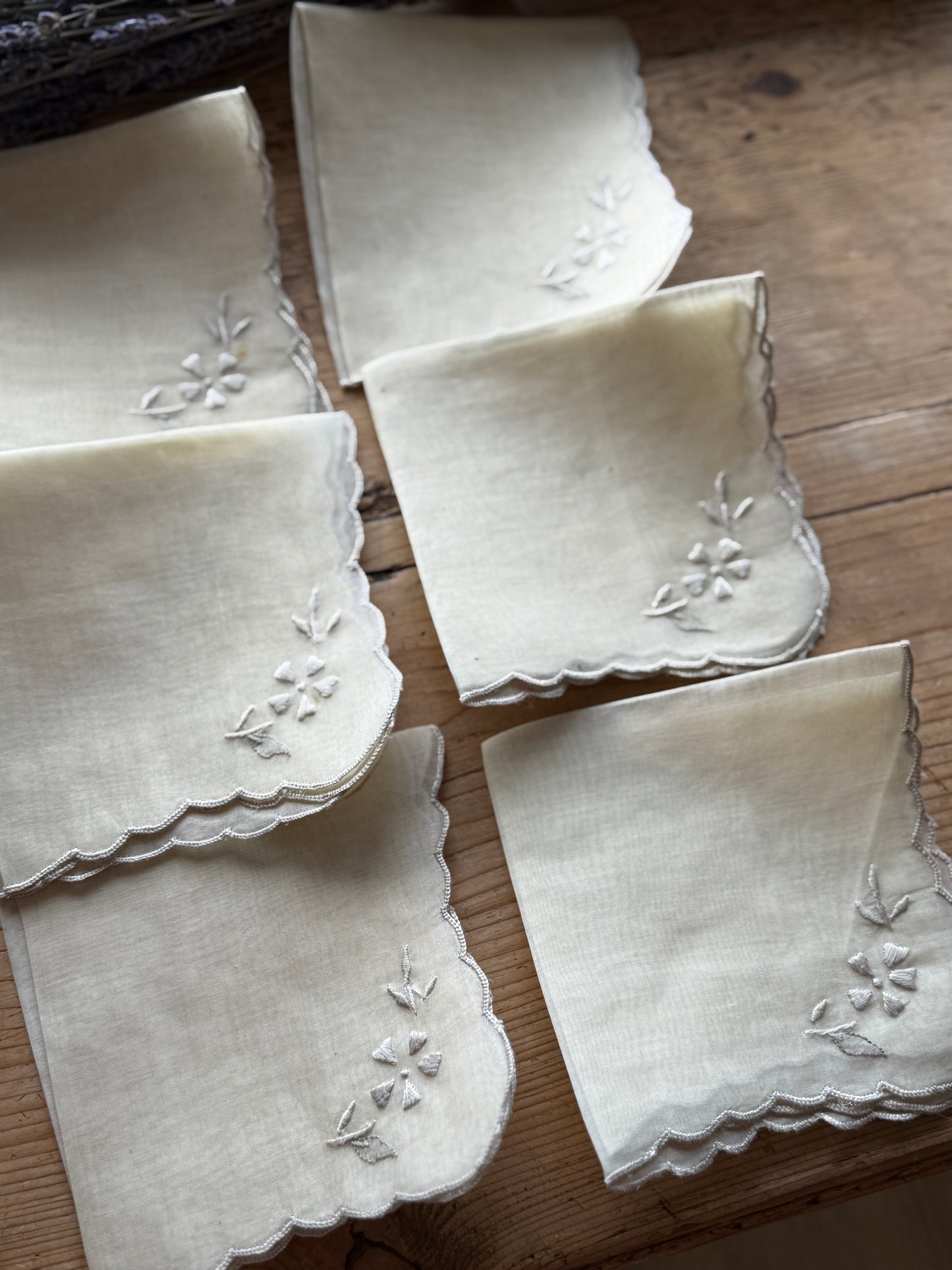 Set of Six Antique Hand Embroidered Irish napkins