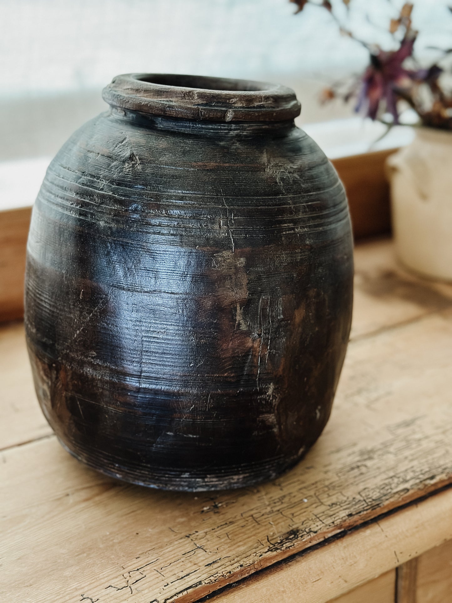 Large Vintage Hand-carved Wood Jug/Pot