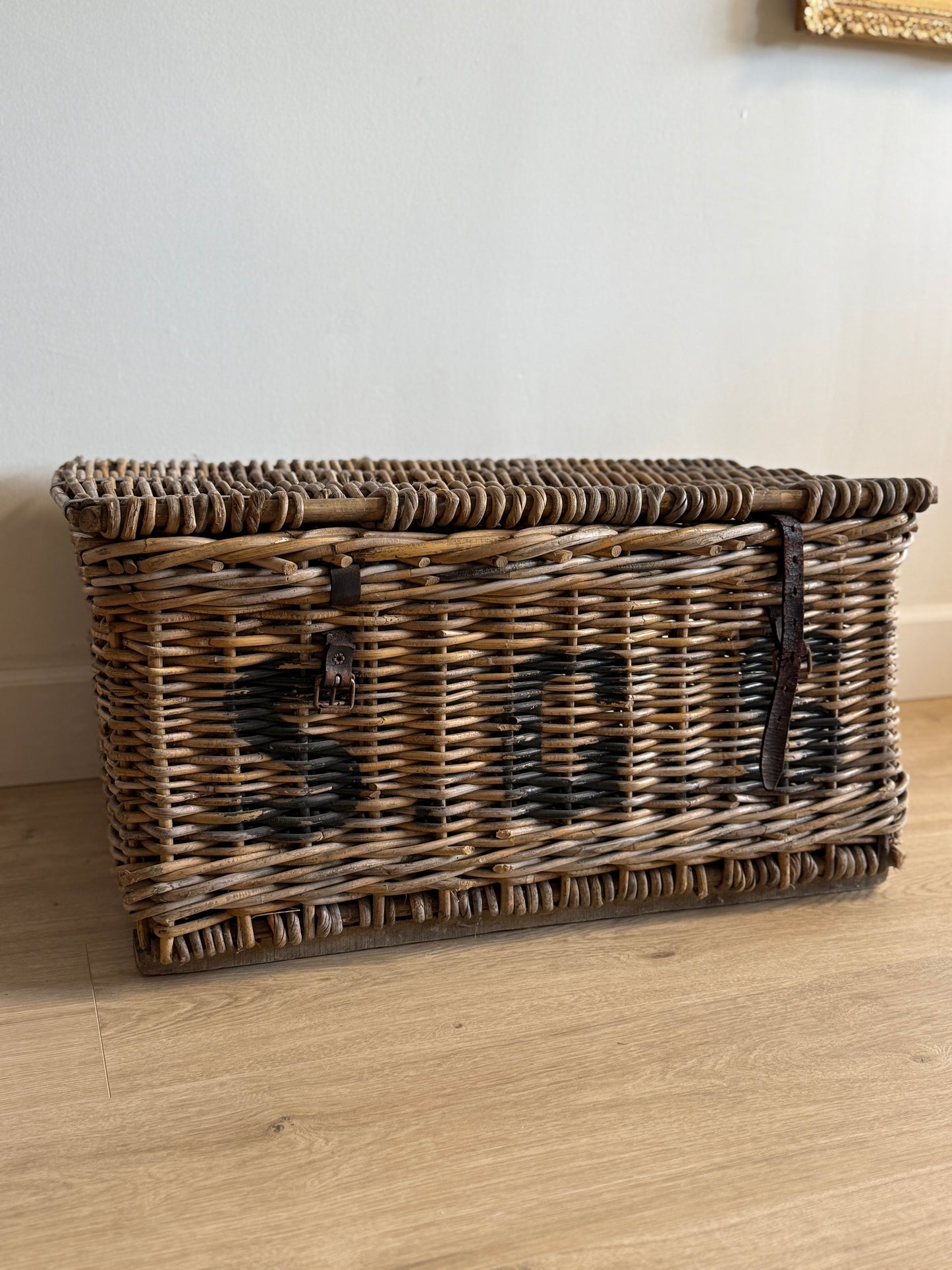 Antique English Wicker Trunk with iron Hardware