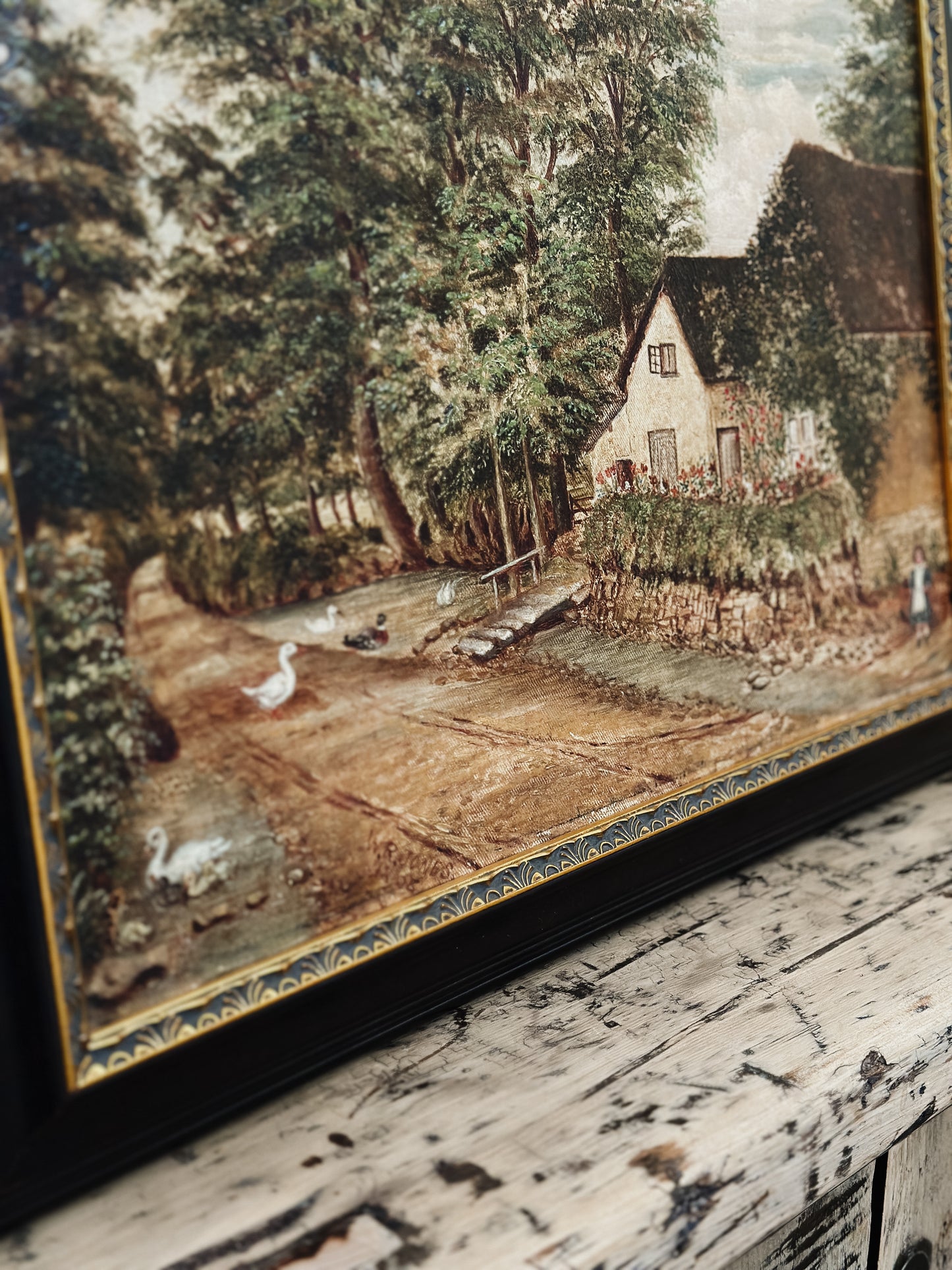 Original Antique European Oil Painting, Cottage by Stream (1898)