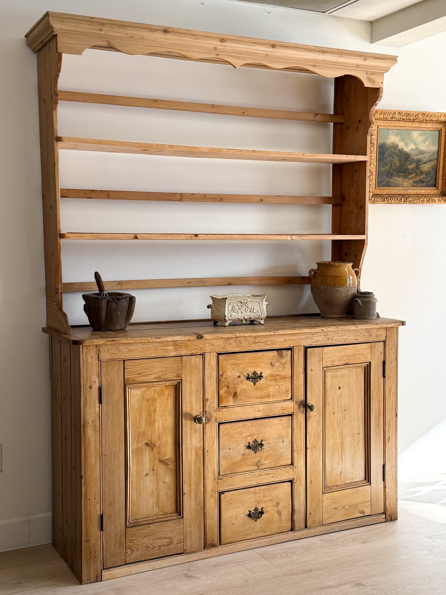 Antique English Pine Stepback Hutch