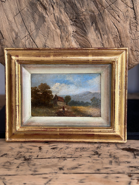 Antique European Oil Painting, Mountain Cottage Landscape