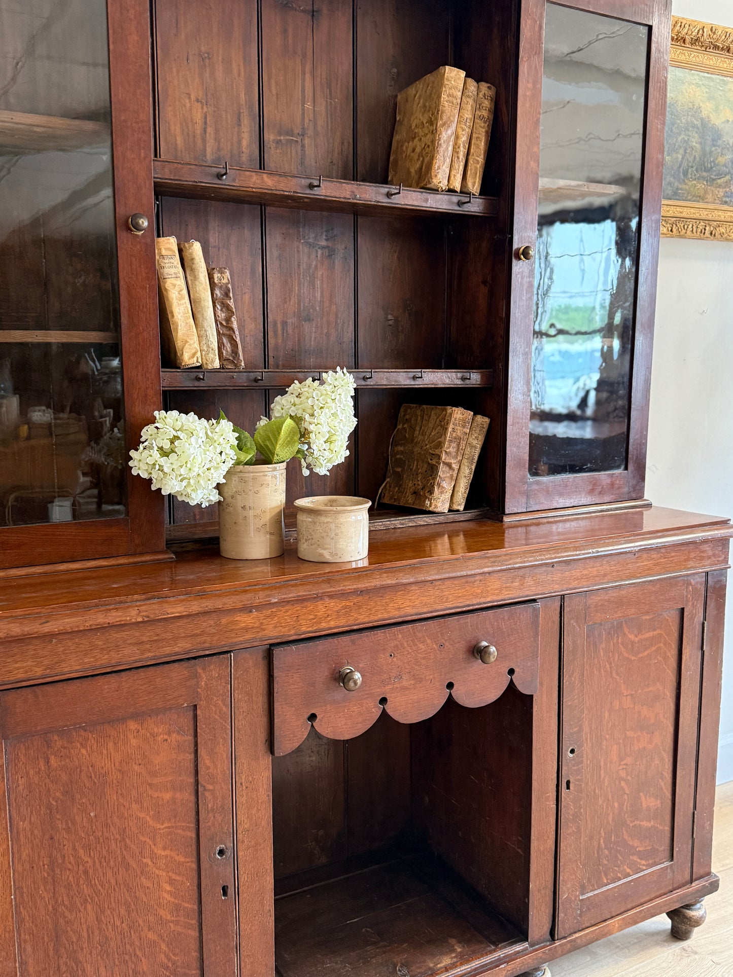 Antique English Dark Oak Scalloped Hutch