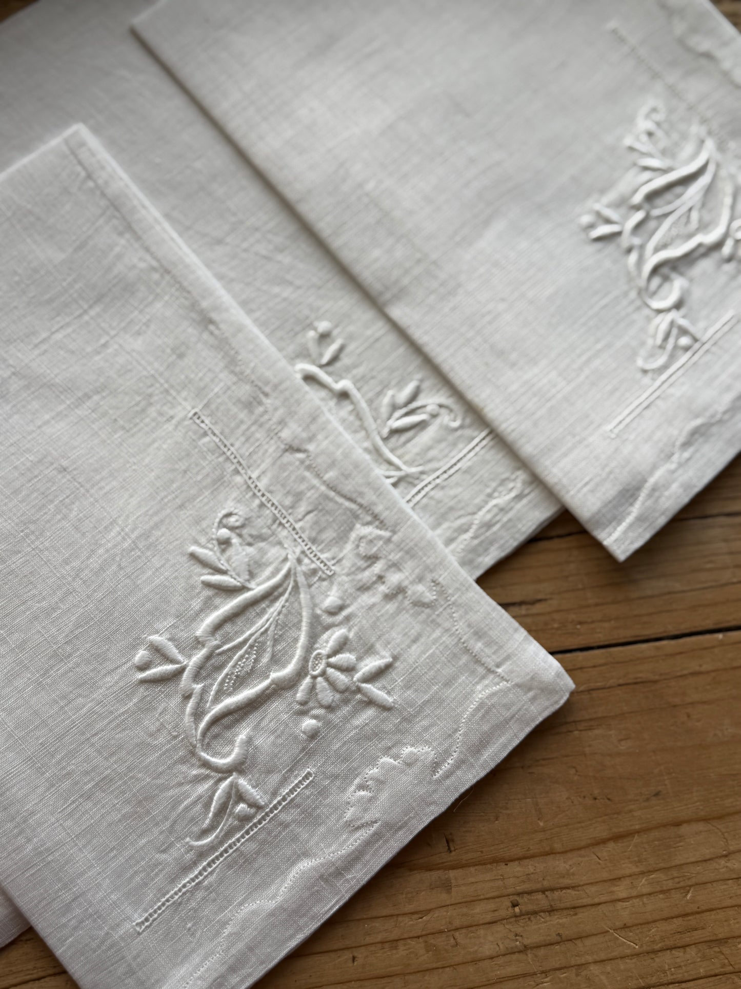 Rare Set of Four Antique Irish Appliqué Hand Embroidered Satin Stitch Napkins (1880)