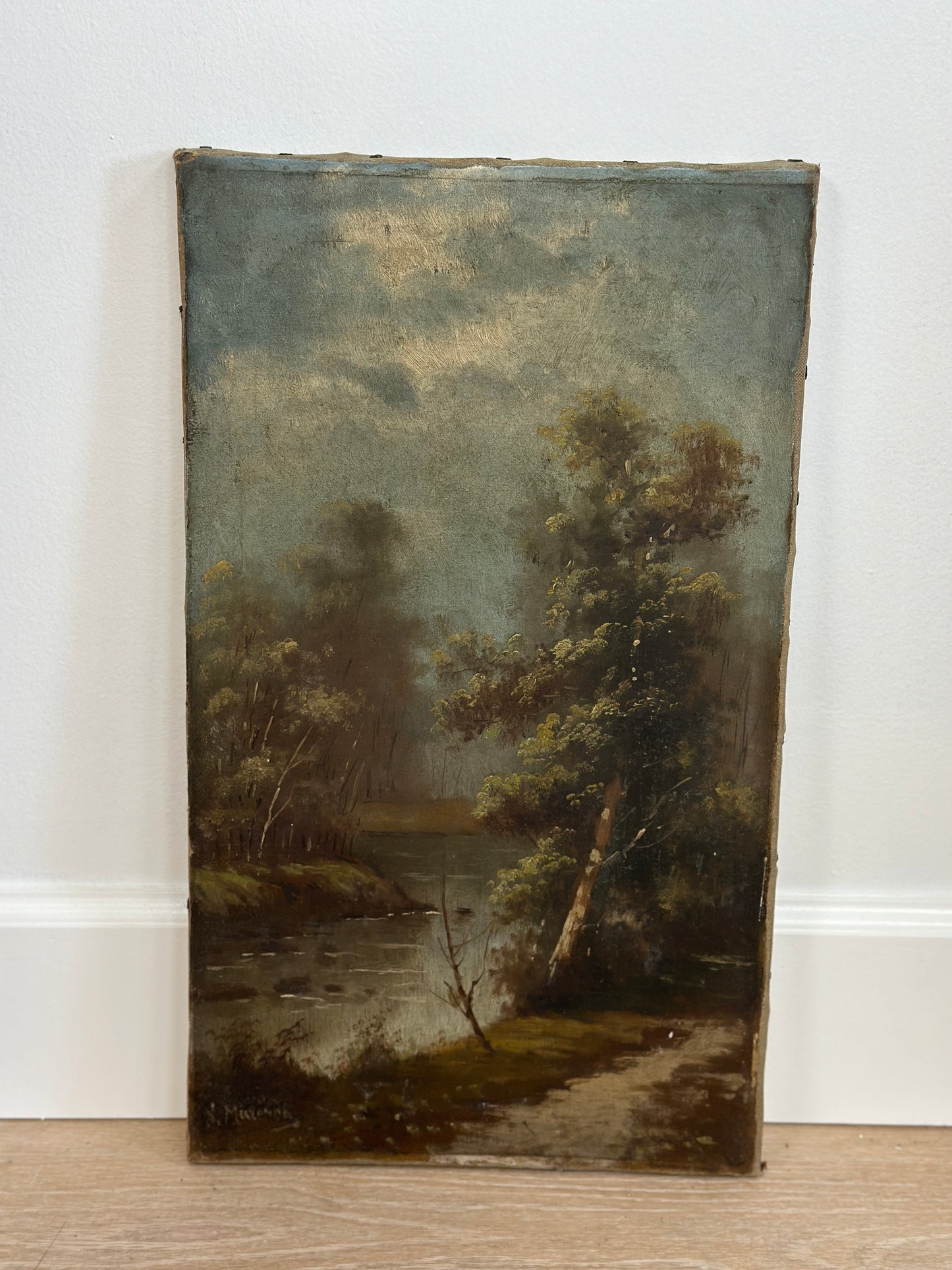 Antique European Oil Painting on Canvas, Country River Scene