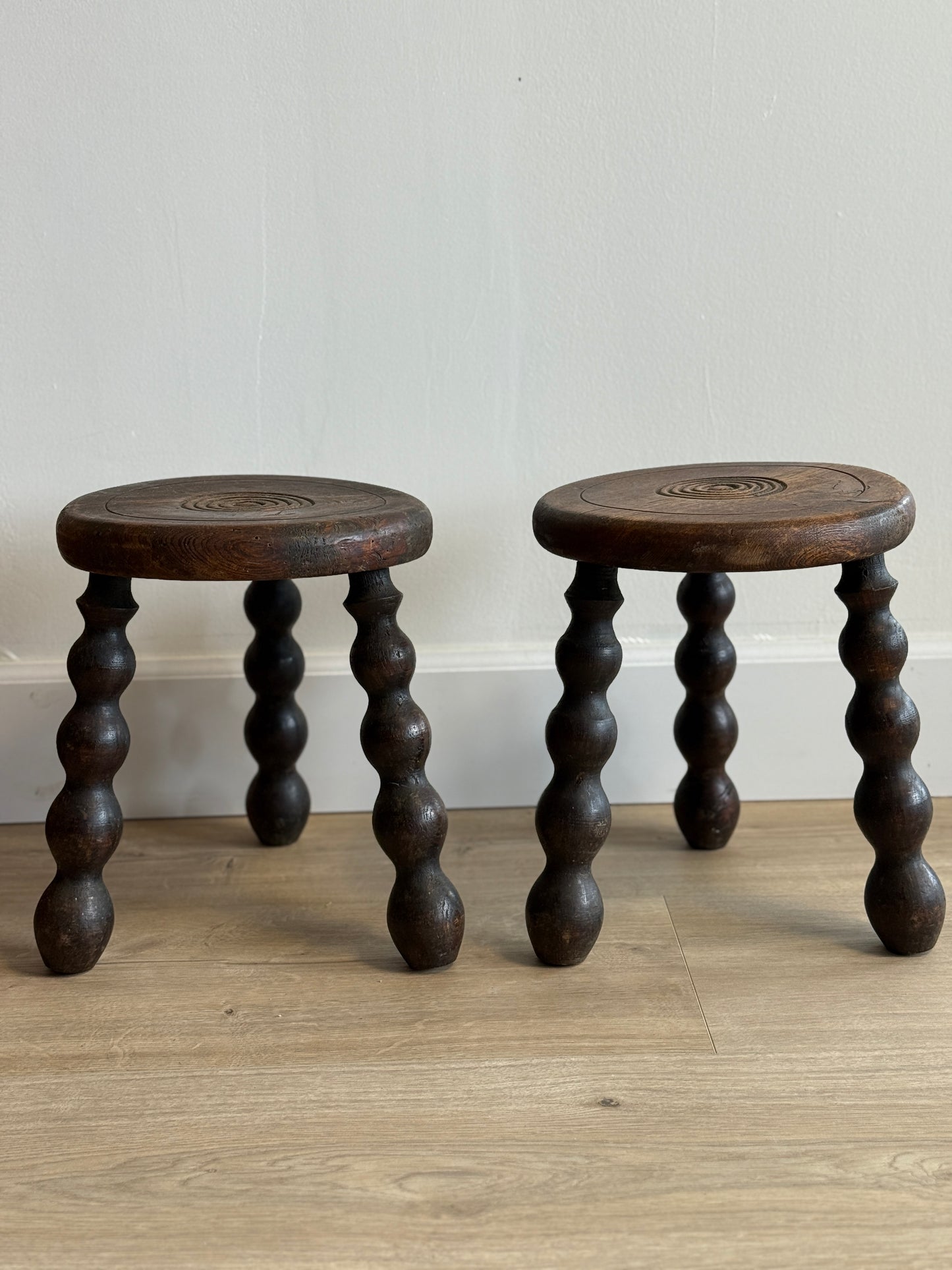Pair of Two Vintage French Bobbin Stools, Attrib. to Dudouyt