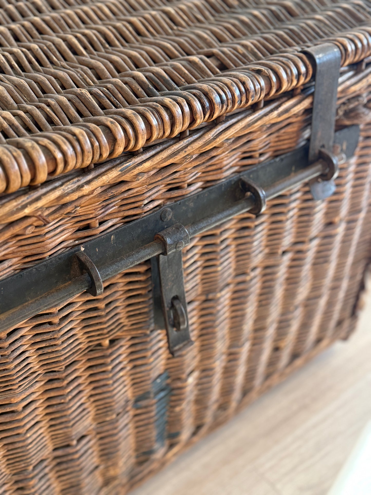 Antique English Wicker Trunk with iron Hardware