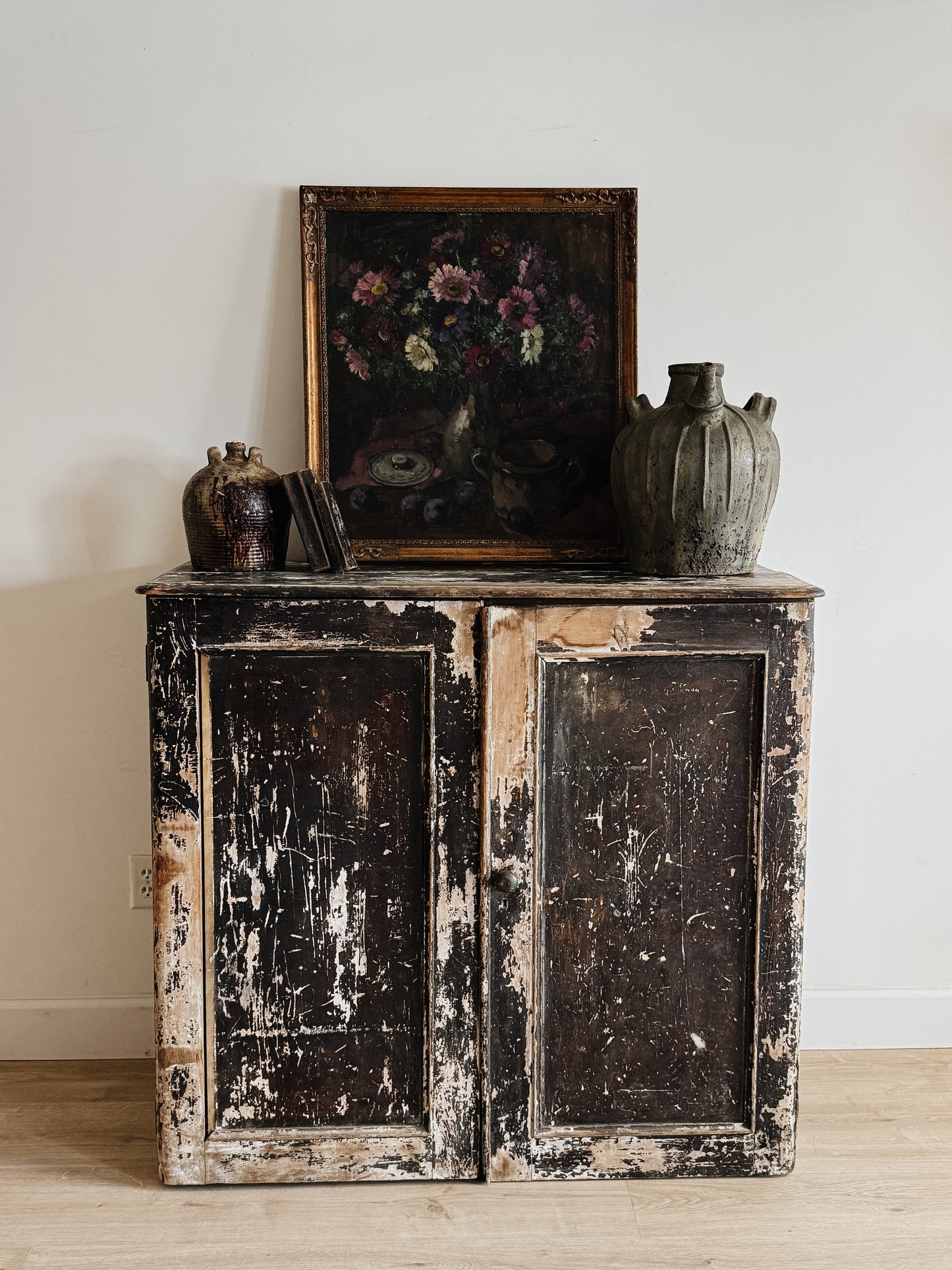 Large Antique English Chippy Painted Black Pine Cupboard