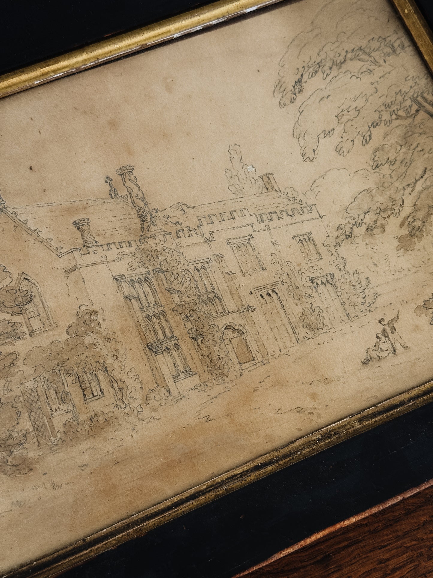 Antique English Pencil & Sepia Watercolor Painting, Down Ampney House
