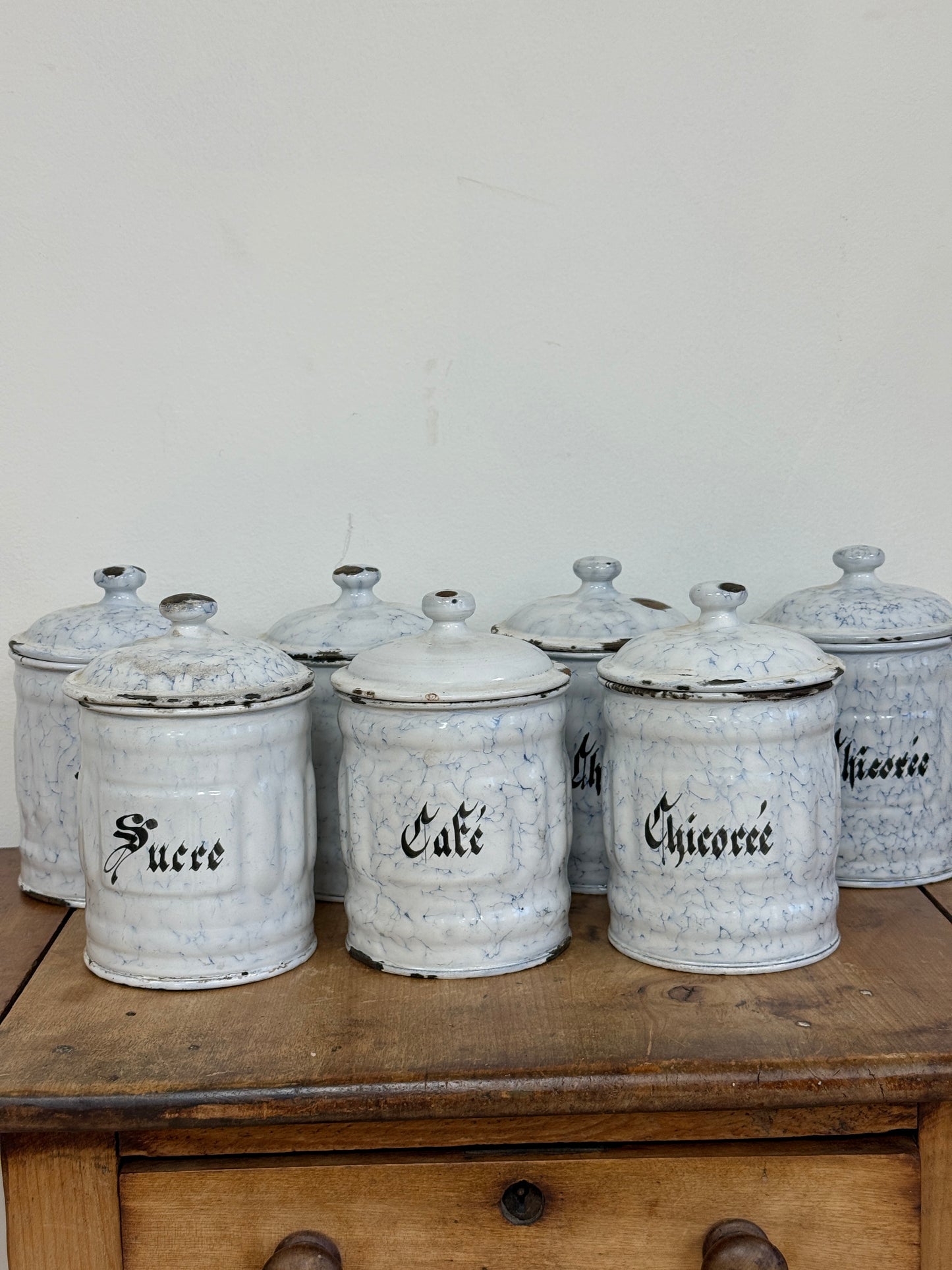 Antique French Enamelware Canisters