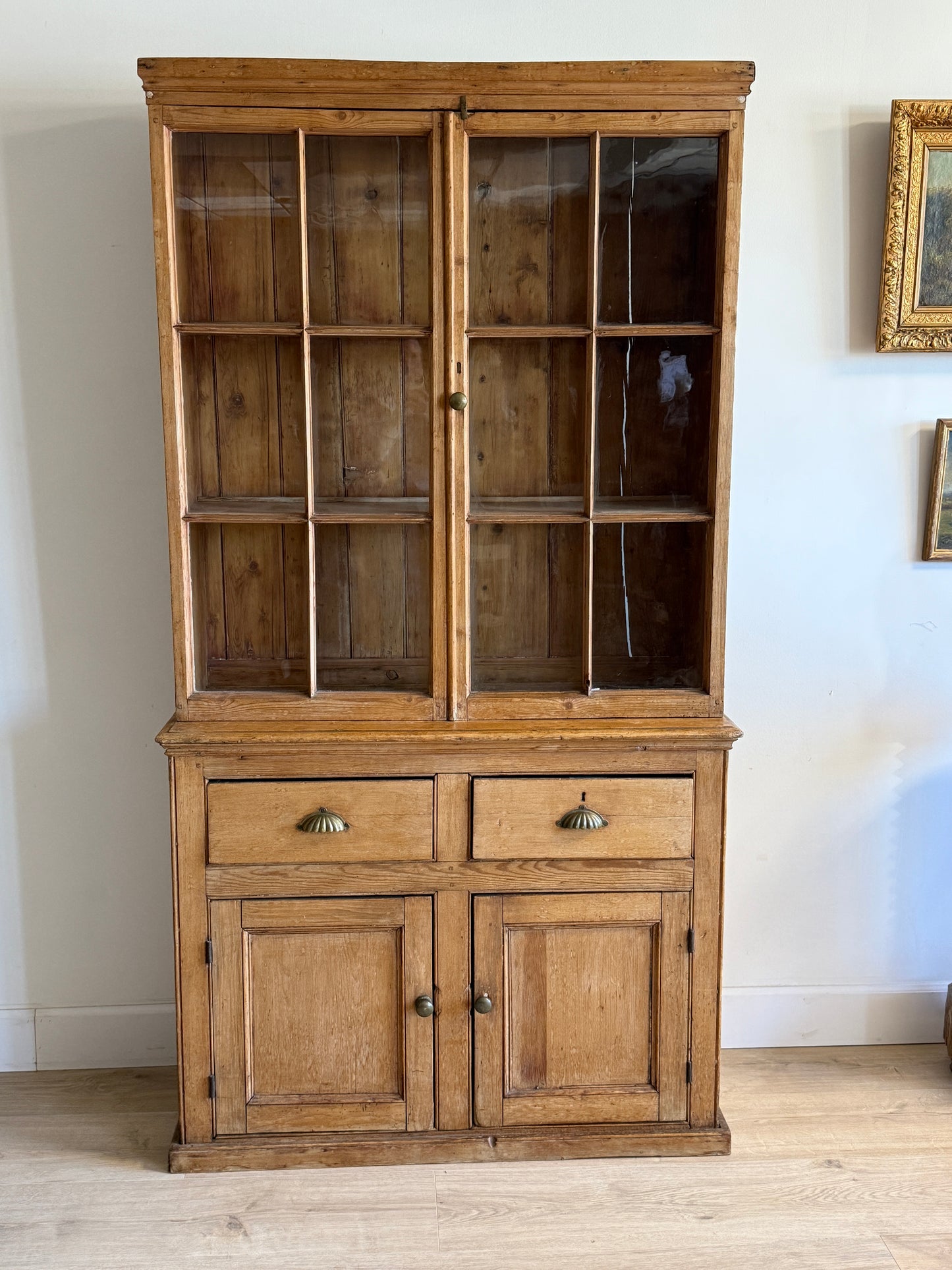 Antique English Pine Cupboard with Glass Upper