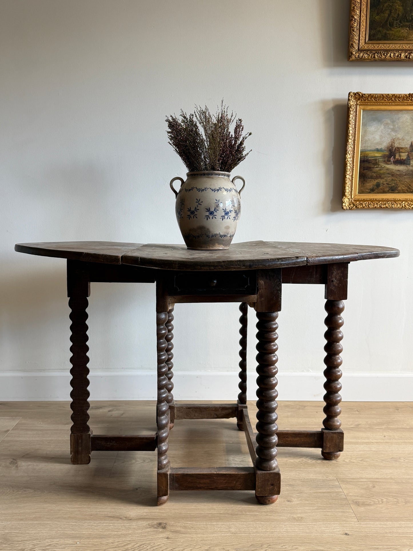 17th c. French Walnut Oval Gateleg Table with Drawer