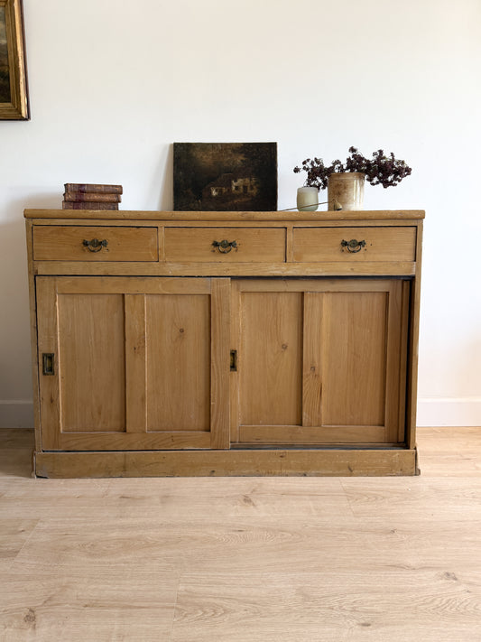 Antique English Pine Sideboard with Sliding Doors
