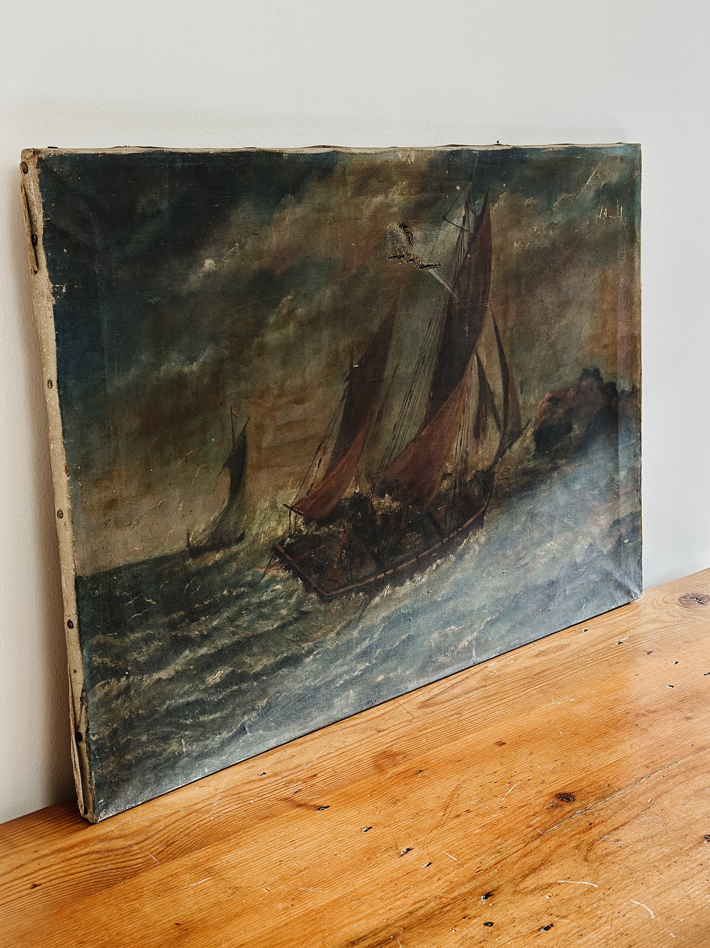 Original Antique British Oil Painting, Primitive Seascape