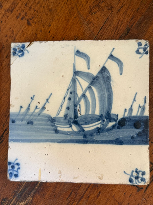 18th Century Dutch Delft Tile, Ship