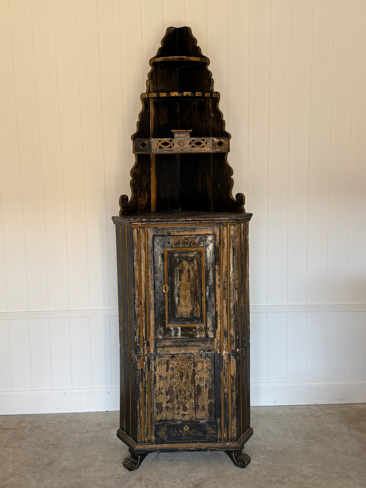 Swedish Black Painted Corner Cupboard, Dated 1793