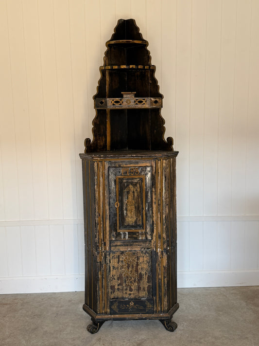 Swedish Black Painted Corner Cupboard, Dated 1793