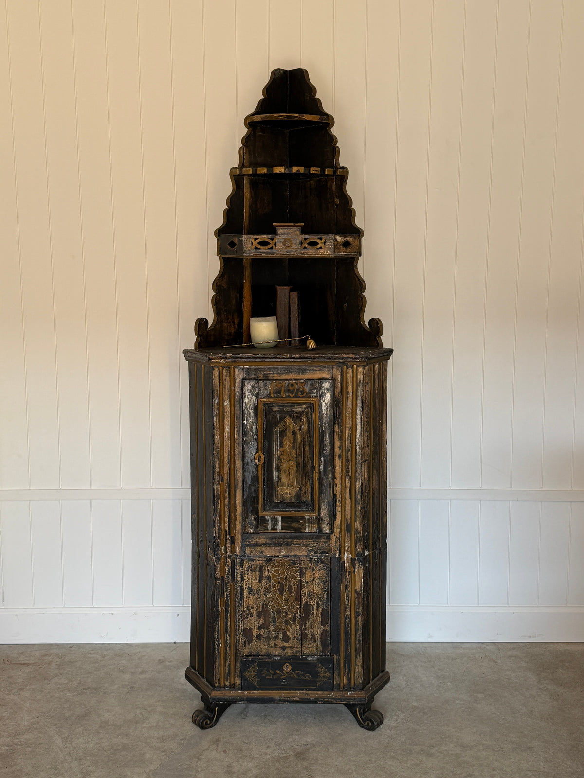 Swedish Black Painted Corner Cupboard, Dated 1793