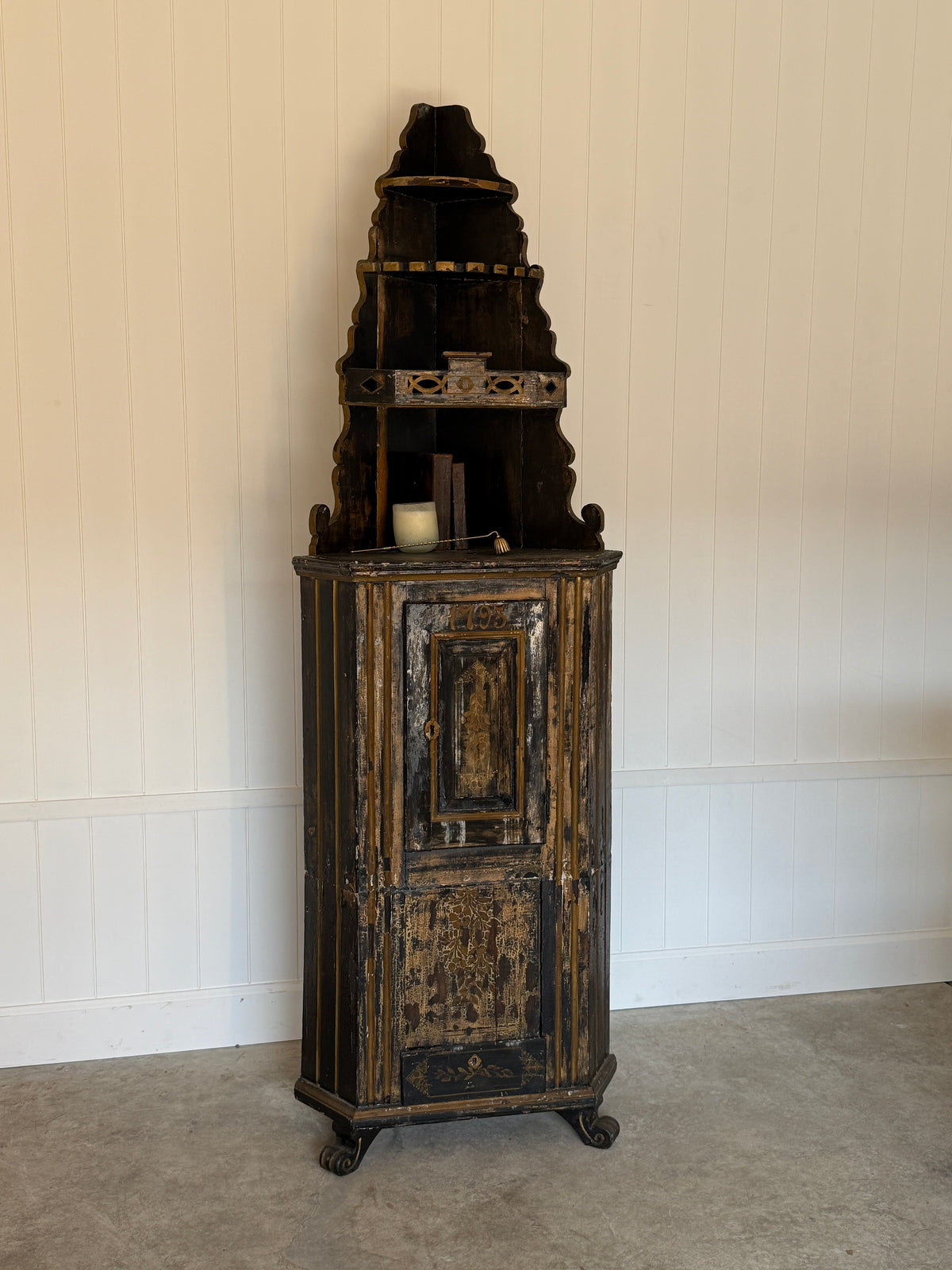 Swedish Black Painted Corner Cupboard, Dated 1793