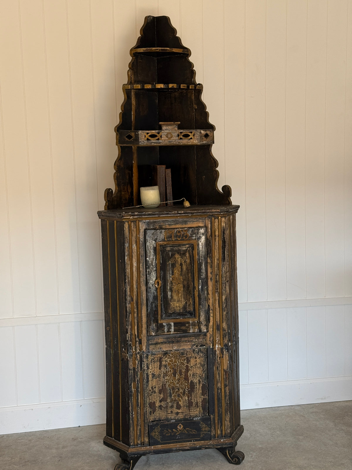Swedish Black Painted Corner Cupboard, Dated 1793