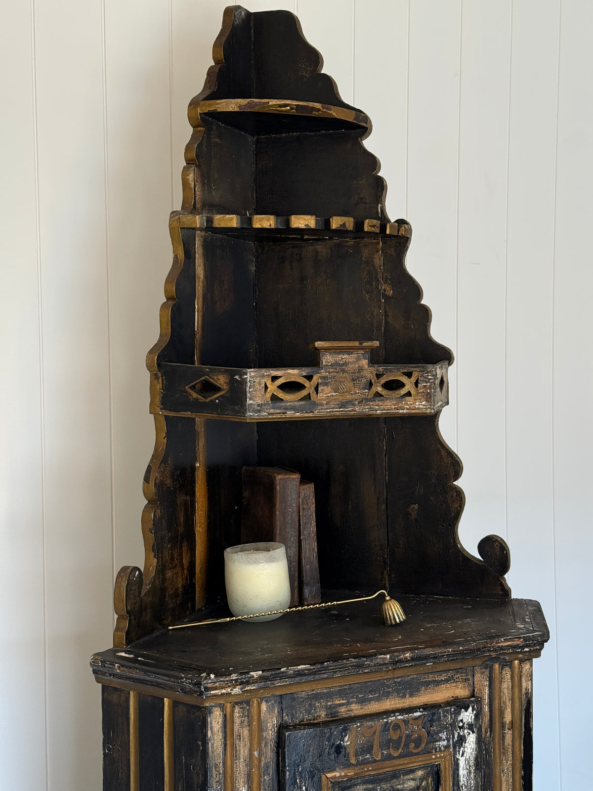 Swedish Black Painted Corner Cupboard, Dated 1793
