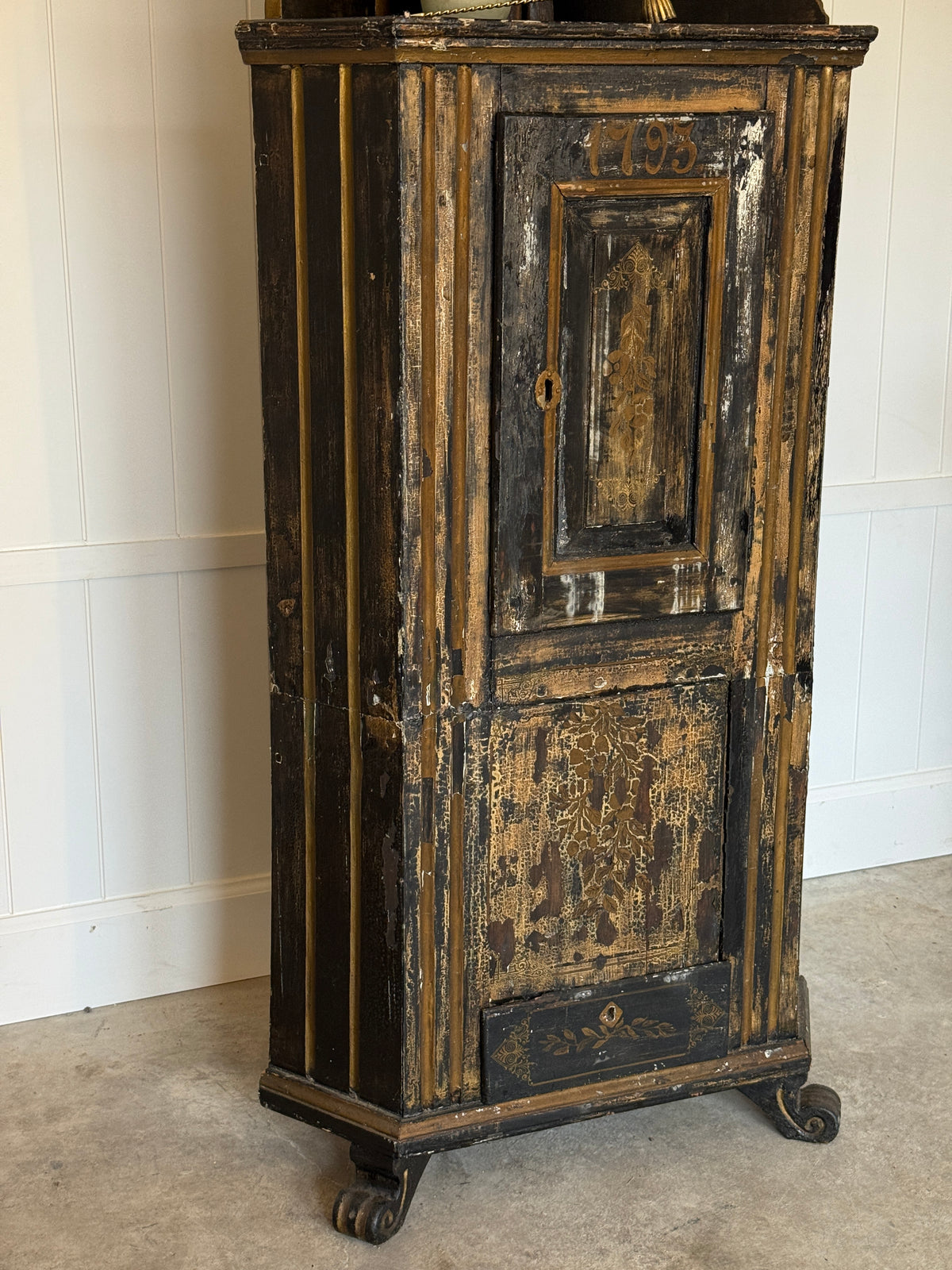 Swedish Black Painted Corner Cupboard, Dated 1793