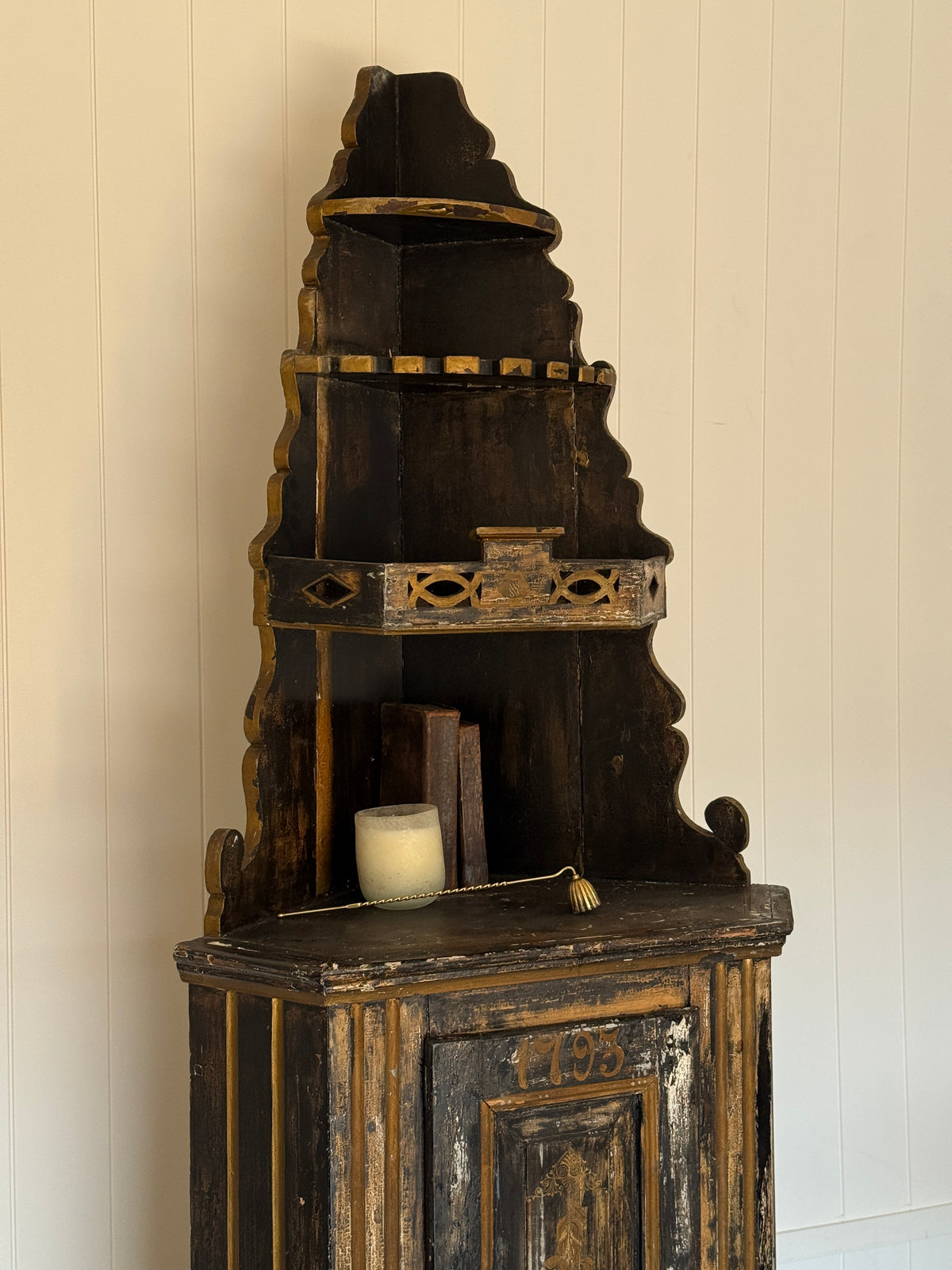 Swedish Black Painted Corner Cupboard, Dated 1793