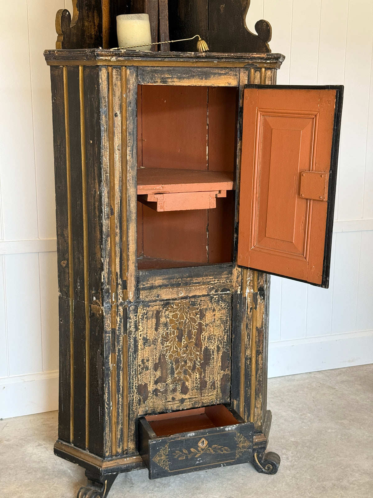 Swedish Black Painted Corner Cupboard, Dated 1793