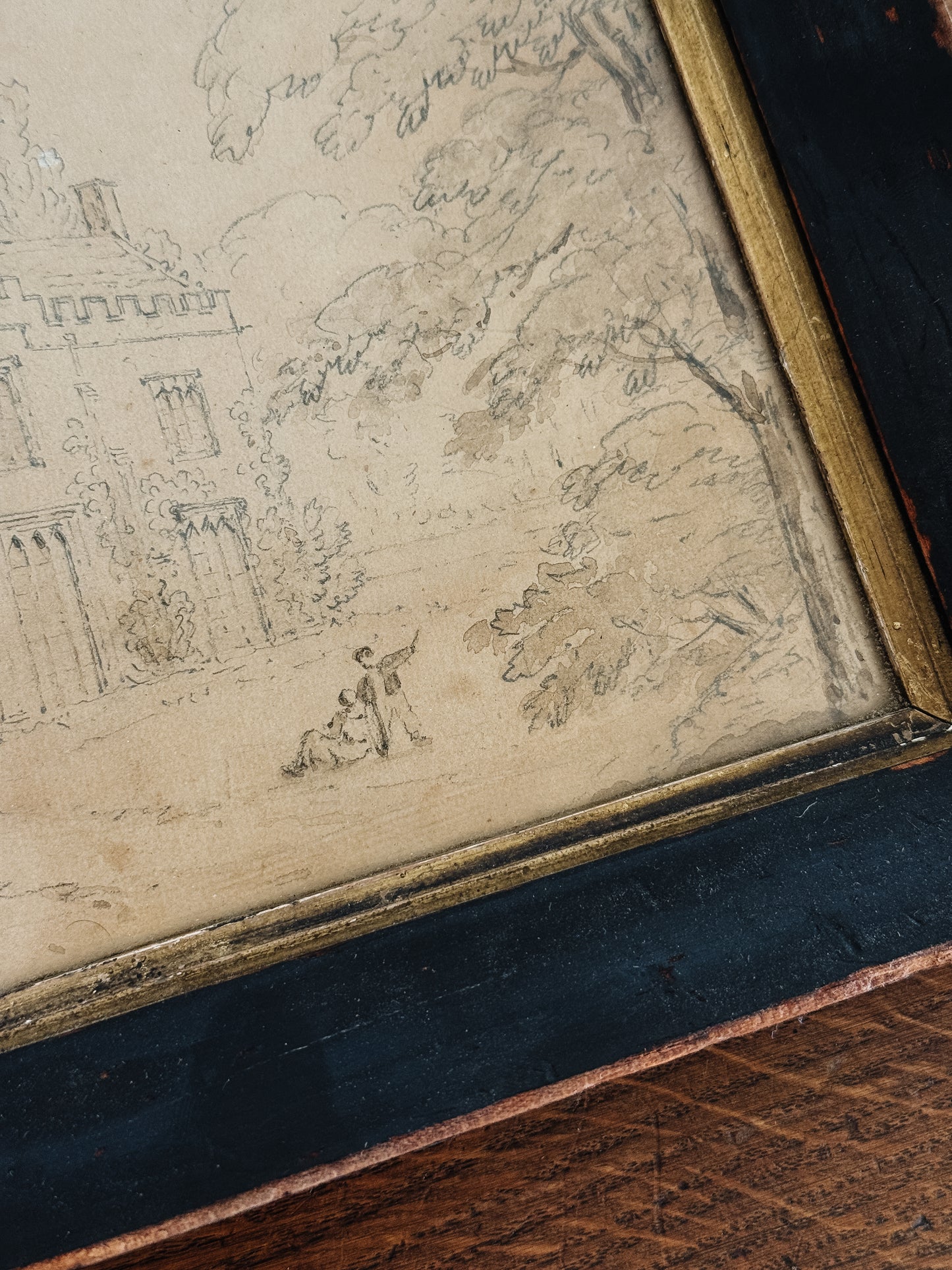 Antique English Pencil & Sepia Watercolor Painting, Down Ampney House