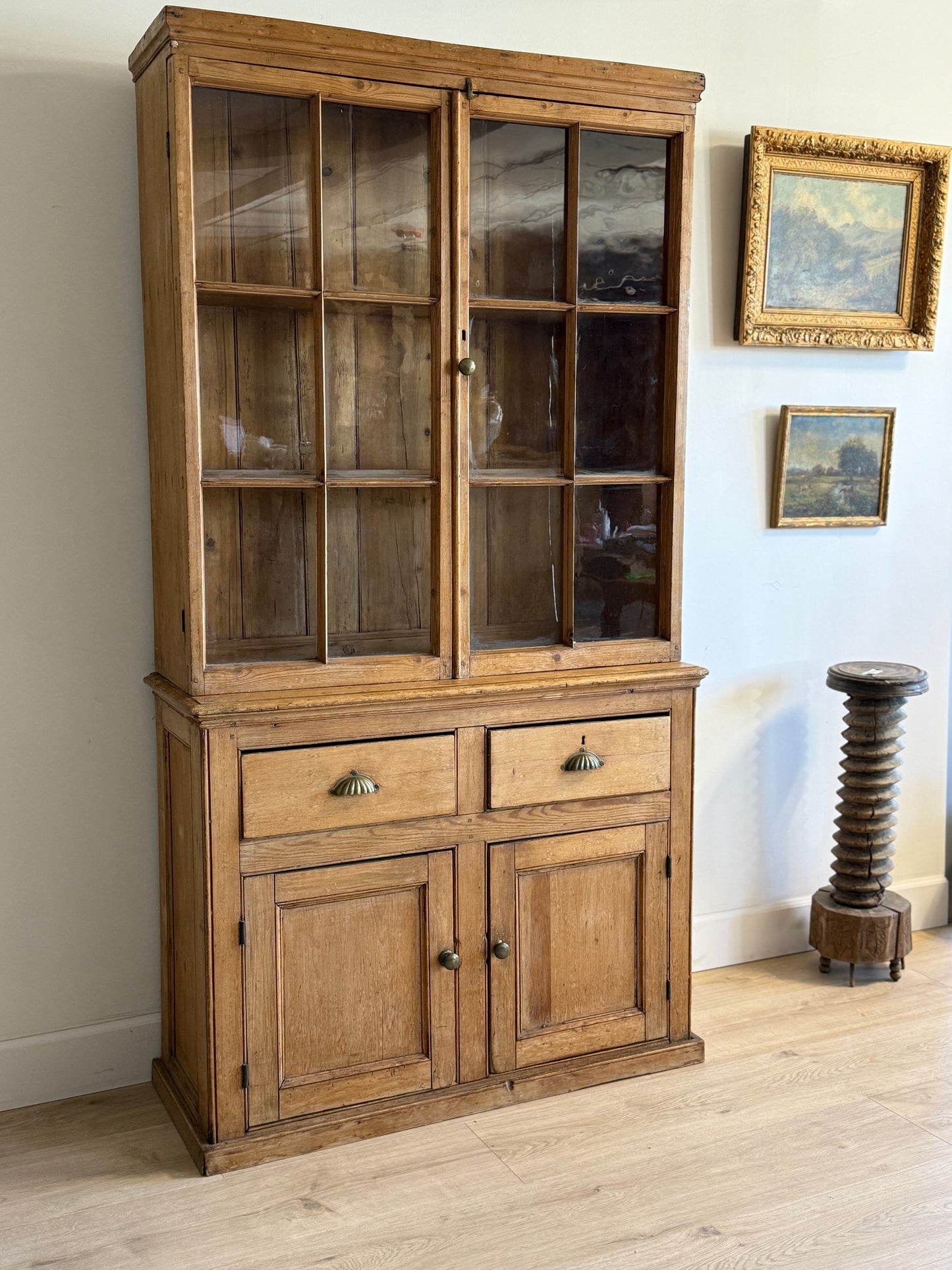 Antique English Pine Cupboard with Glass Upper