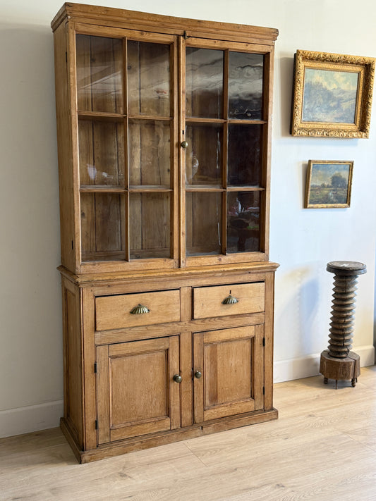 Antique English Pine Cupboard with Glass Upper