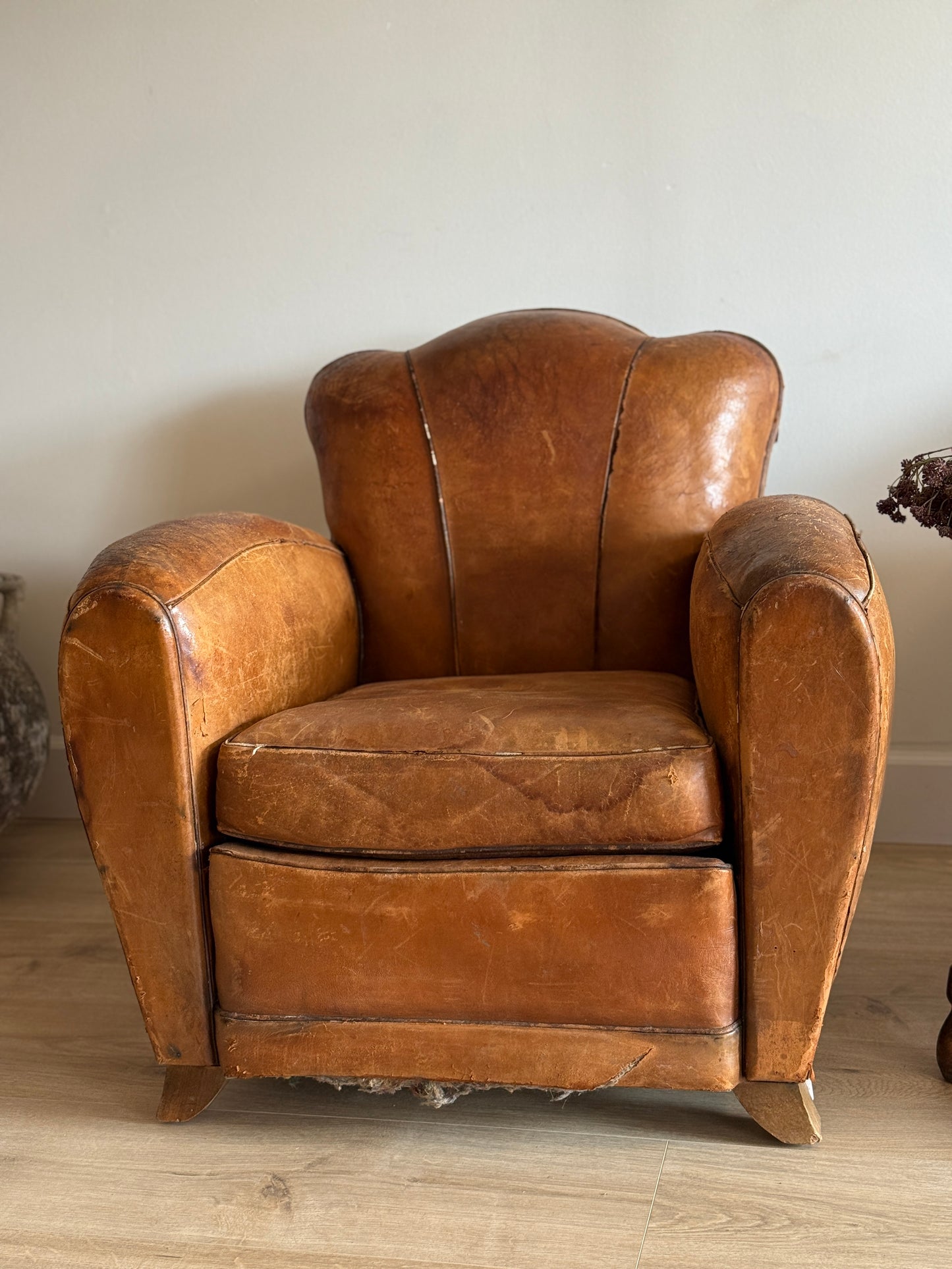 Pair of Antique French Leather Moustache Chairs (c.1920's)