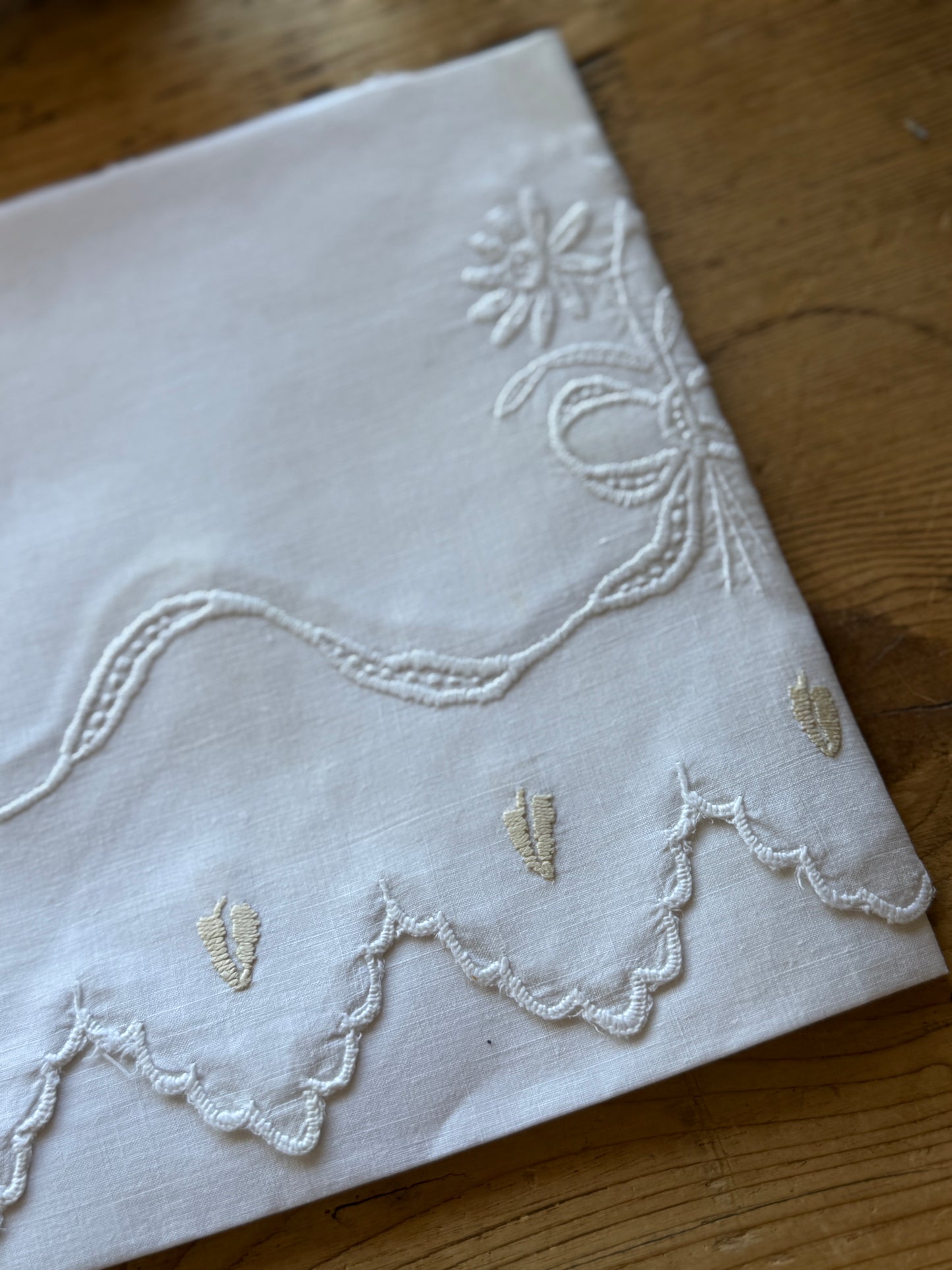 Antique Hand Embroidered Irish Scalloped Tablecloth