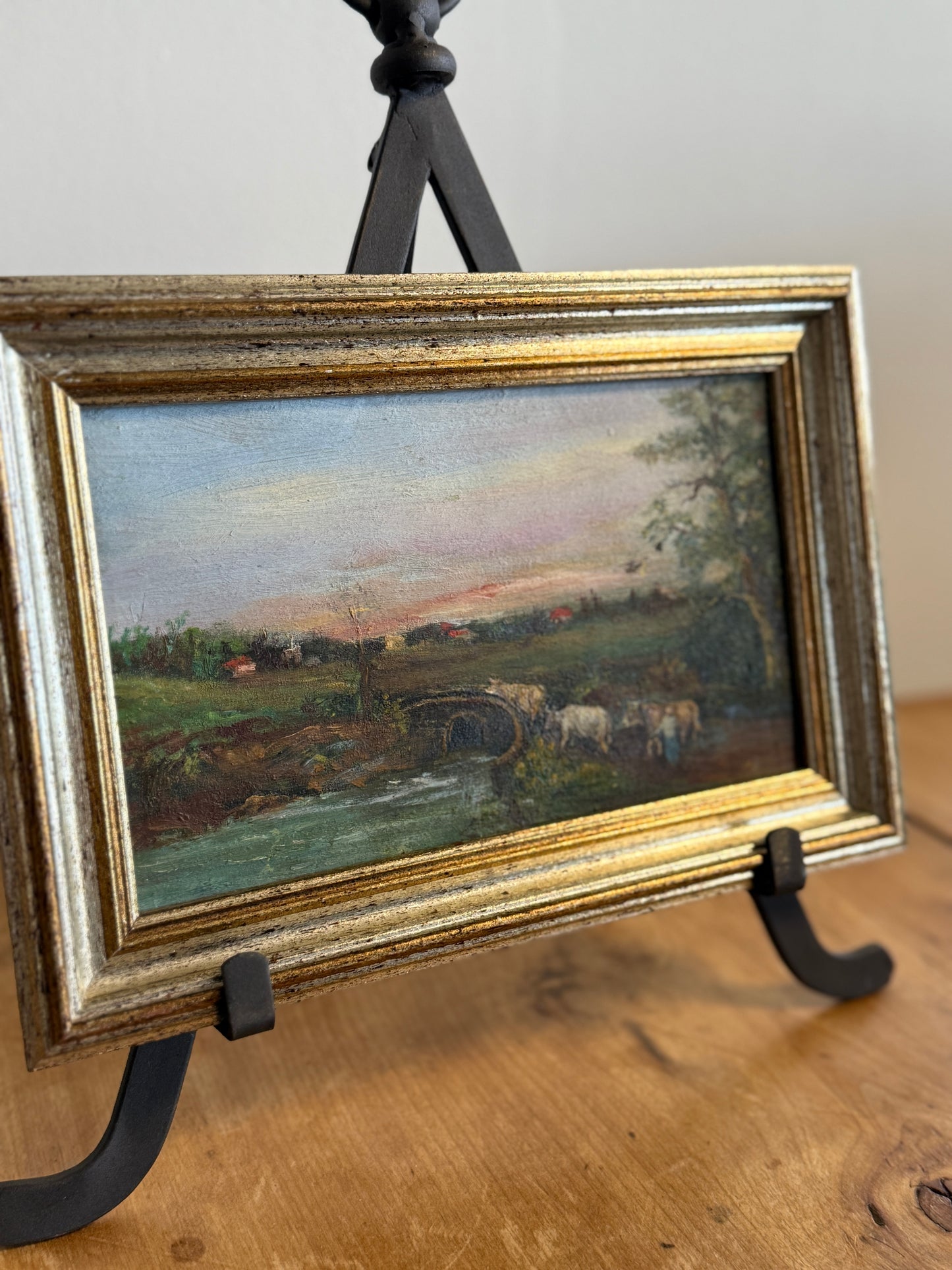 Original Antique Oil Painting, Country Cow Landscape