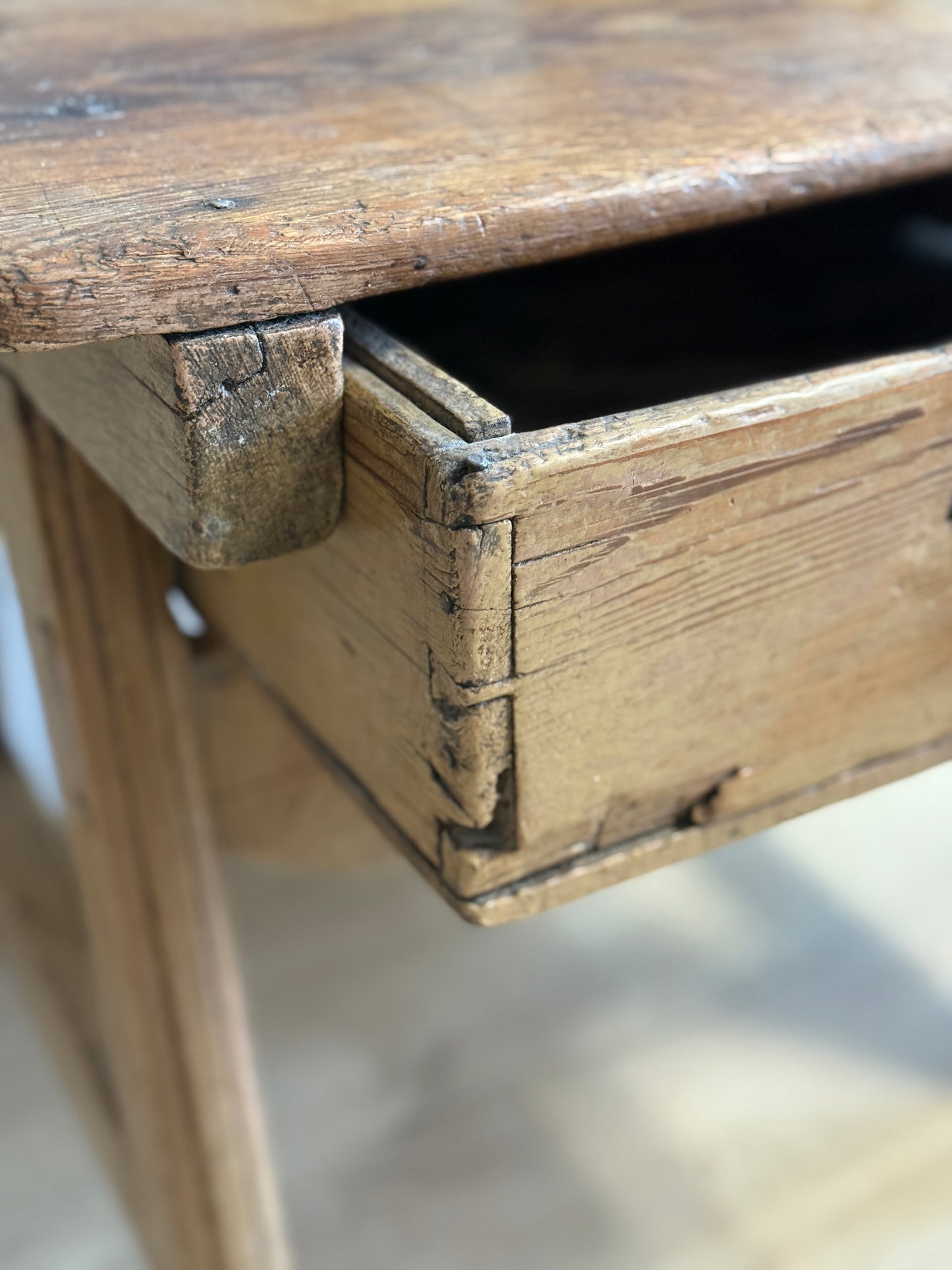 Antique French Pine Side Table with Drawer